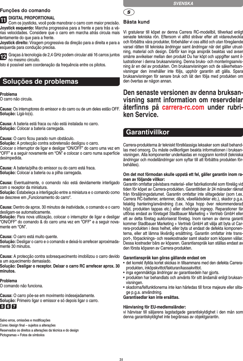 31Funções do comando11DIGITAL PROPORTIONALCom os joysticks, você pode manobrar o carro com maior precisão.Joystick esquerdo: Marcha progressiva para a frente e para trás a vá-rias velocidades. Considere que o carro em marcha atrás  circula mais lentamente do que para a frente.Joystick direito: Viragem progressiva da direção para a direita e para a esquerda para condução precisa.12Graças à tecnologia de 2,4 GHz podem circular até 16 carros juntos no mesmo circuito. Isto é possível sem coordenação da frequência entre os pilotos.Soluções de problemasProblemaO carro não circula.Causa: Os interruptores do emissor e do carro ou de um deles estão OFF.Solução: Ligá-lo(s).Causa: A bateria está fraca ou não está instalada no carro.Solução: Colocar a bateria carregada.Causa: O carro ﬁcou parado num obstáculo. Solução: A protecção contra sobretensão desligou o carro.Colocar o interruptor de ligar e desligar “ON/OFF” do carro uma vez em “OFF” e a seguir novamente em “ON” e colocar o carro numa superfície desimpedida.Causa: A bateria/pilha do emissor ou do carro está fraca.Solução: Colocar a bateria ou a pilha carregada.Causa: Eventualmente, o comando  não  está devidamente interligado com o receptor da miniatura.Solução: Estabeleça a interligação entre a miniatura e o comando como se descreve em „Funcionamento do carro“.Causa: Dentro de aprox. 30 minutos de inatividade, o comando e o carro desligam-se automaticamente. Solução: Para nova utilização, colocar o interruptor de ligar e desligar “ON/OFF” do comando &amp; do carro uma vez em “OFF” e a seguir nova-mente em “ON”.Causa: O carro está muito quente.Solução: Desligar o carro e o comando e deixá-lo arrefecer aproximada-mente 30 minutos.Causa: A protecção contra sobreaquecimento imobilizou o carro devido a um aquecimento demasiado.Solução: Desligar o receptor. Deixar o carro RC arrefecer aprox. 30 minutos.ProblemaO comando não funciona.Causa: O carro põe-se em movimento indesejadamente.Solução: Primeiro ligar o emissor e só depois ligar o carro.5 6 7Salvo erros, omissões e modiﬁcaçõesCores /design ﬁnal – sujeitos a alteraçõesReservados os direitos a alterações da técnica e do designPictogramas = Fotos de símbolosBästa kundVi gratulerar till köpet av denna Carrera RC-modellbil, tillverkad enligt senaste tekniska rön. Eftersom vi alltid strävar  efter att vidareutveckla och förbättra våra produkter, förbehåller vi oss alltid och utan föregående varsel rätten till tekniska ändringar samt ändringar när det gäller utrust-ning, material och design. Därför kan inga anspråk beaktas vad avser smärre avvikelser mellan den produkt Du har köpt och uppgifter samt il-lustrationer i denna bruksanvisning. Denna bruks- och monteringsanvis-ning är en del av produkten. Om bruksanvisningen och de säkerhetsan-visningar  den  innehåller  inte  följs,  upphör  garantin  att  gälla.  Spara bruksanvisningen för senare bruk och låt den följa med produkten om den övertas av någon annan.Den senaste versionen av denna bruksan-visning samt information om reservdelar återﬁnns  på  carrera-rc.com  under  rubri-ken Service.GarantivillkorCarrera-produkterna är tekniskt förstklassiga leksaker som skall behand-las med omsorg. Du måste ovillkorligen beakta informationen i bruksan-visningen. Alla komponenter underkastas en noggrann kontroll (tekniska ändringar och modelländringar som syftar till att förbättra produkten för-behålles).Om det mot förmodan skulle uppstå ett fel, gäller garantin inom ra-men av följande villkor:Garantin omfattar påvisbara material- eller fabrikationsfel som  förelåg vid tiden för köpet av Carrera-produkten. Garantitiden är 24 månader räknat från försäljningsdatumet.  Garantin omfattar inte slitagedelar (som t.ex. Carrera RC-batterier, antenner, däck, växellådsdelar etc.), skador p.g.a. felaktig  hantering/användning  (t.ex.  höga  hopp  över  rekommenderad höjd, produkten tappas etc.) eller  obehöriga ingrepp. Reparationer får utföras endast av företaget Stadlbauer Marketing + Vertrieb GmbH eller ett av detta  företag auktoriserat företag. Inom ramen av denna garanti kommer Stadlbauer Marketing + Vertrieb GmbH att välja att byta ut Car-rera-produkten i dess helhet, eller byta ut endast de defekta komponen-terna, eller att lämna likvärdig ersättning. Garantin omfattar inte trans-port-, förpacknings- och resekostnader samt  skador som köparen vållar. Dessa kostnader bärs av köparen. Garantianspråk kan ställas endast av den första köparen av  Carrera-produkten.Garantianspråk kan göras gällande endast om•  det korrekt ifyllda kortet skickas in tillsammans med den defekta Carrera- produkten, inköpskvittot/fakturan/kassakvittot.•  inga egenmäktiga ändringar av garantisedeln har gjorts.•  produkten har behandlats och använts för sitt ändamål  enligt bruksan-visningen.•  skadorna/felfunktionerna inte kan härledas till force majeure  eller slita-ge p.g.a. användning.Garantisedlar kan inte ersättas.Hänvisning för EU-medlemsländer: vi hänvisar till säljarens lagstadgade garantiskyldighet i den mån som denna garantiskyldighet inte begränsas av objektgarantin. SVENSKA