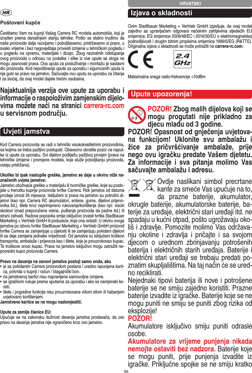 55Poštovani kupčeČestitamo Vam na kupnji Vašeg Carrera RC modela automobila, koji je izrađen prema današnjem stanju tehnike.  Pošto se stalno trudimo da naše proizvode dalje razvijamo i poboljšavamo, pridržavamo si pravo, u svako vrijeme i bez nagovještaja provesti izmjene u tehničkom pogledu i u pogledu na opremu, materijale i dizajn. Zbog neznatnih odstupanja ovog proizvoda u odnosu na podatke i slike iz ove upute se stoga ne mogu zasnovati prava. Ova uputa za posluživanje i montažu je sastavni dio proizvoda. Kod nepoštivanja upute za uporabu i sigurnosnih uputa iz nje gubi se pravo na jamstvo. Sačuvajte ovu uputu za uporabu za čitanje i za slučaj, da ovaj model dajete trećim osobama.Najaktualnija verzija ove upute za  uporabu i informacije o raspoloživim zamjenskim dijelo-vima možete naći na stranici carrera-rc.com u servisnom području.Uvjeti jamstvaKod Carrera proizvoda se radi o tehnički visokokvalitetnim proizvodima, sa kojima se treba pažljivo postupati. Obavezno obratite pozor na naput-ke iz upute za uporabu. Svi dijelovi podliježu pažljivoj provjeri (prava na tehničke izmjene i promjene modela, koje služe poboljšanju proizvoda, ostaju pridržana).Ukoliko bi ipak nastupile greške, jamstvo se daje u okviru niže na-značenih uvjeta jamstva:Jamstvo obuhvaća greške u materijalu ili tvorničke greške, koje su posto-jale u trenutku kupnje proizvoda tvrtke Carrera. Rok jamstva od datuma prodaje iznosi 24 mjeseca. Isključeni iz prava na jamstvo su potrošni di-jelovi (kao npr. Carrera RC akumulatori, antene, gume, dijelovi prijeno-snika itd.), štete kroz neprimjereno rukovanje/korištenje (kao npr. visoki skokovi iznad preporučene visine, puštanje proizvoda da padne itd.) ili strani zahvati. Radove  popravka smije isključivo izvesti tvrtka Stadlbauer Marketing + Vertrieb GmbH ili poduzeće, koje ona ovlasti. U okviru ovoga jamstva po izboru tvrtke Stadlbauer Marketing + Vertrieb GmbH proizvod tvrtke Carrera se zamjenjuje u cijelosti ili se zamjenjuju pokidani dijelovi ili se daje zamjena jednake vrijednosti. Od jamstva su isključeni troškovi transporta, ambalaže i prijevoza kao i štete, koje je prouzrokovao kupac. Te troškove snosi kupac. Prava na jamstvo isključivo mogu zatražiti ne-posredni kupci proizvoda Carrera.Pravo na davanja na osnovi jamstva postoji samo onda, ako•  je sa pokidanim Carrera proizvodom poslana i uredno ispunjena karti-ca, potvrda o kupnji / račun / blagajnički bon.•  na jamstvenoj kartici nisu napravljene samovoljne izmjene.•  se igračkom rukuje prema uputama za uporabu i ako se namjenski ko-risti.•  štete / pogrešne funkcije nisu prouzrokovane višom silom ili habanjem uvjetovano korištenjem.Jamstvene kartice se ne mogu nadomjestiti.Upute za zemlje članice EU:Upućuje se na zakonsku dužnost davanja jamstva prodavača, da  ovo pravo na davanje jamstva nije ograničeno kroz ovo jamstvo. Izjava o skladnostiOvim Stadtbauer Marketing + Vertrieb GmbH izjavljuje, da ovaj model zajedno  sa  upravljačem  odgovara  načelnim  zahtjevima  sljedećih  EU smjernica: EG smjernice 2009/48/EC i 2014/30/EU o elektromagnetskoj podnošljivosti i drugim bitnim propisima smjernice 1999/5/EG (R&amp;TTE). Originalna izjava o skladnosti se može potražiti na carrera-rc.com. Maksimalna snaga radio-frekvencije &lt;10dBmUpute upozorenja!POZOR! Zbog malih dijelova koji se mogu  progutati  nije  prikladno  za djecu mlađu od 3 godine. POZOR! Opasnost od gnječenja uvjetova-na  funkcijom!  Uklonite  svu  ambalažu  i žice  za  pričvršćivanje  ambalaže,  prije nego ovu igračku predate  Vašem djetetu. Za  informacije  i  sva  pitanja  molimo  Vas sačuvajte ambalažu i adresu.Ovdje  naslikani  simbol  precrtane kante za smeće Vas upućuje na to, da  prazne  baterije,  akumulator, okrugle baterije, akumulatorske baterije, ba-terije za uređaje, električni stari  uređaji itd. ne spadaju u kućni otpad, pošto ugrožavaju oko-liš i zdravlje. Pomozite molimo Vas održava-nju  okoline  i  zdravlja  i  pričajte  i  sa  svojom djecom  o  urednom  zbrinjavanju  potrošenih baterija i električnih starih uređaja. Baterije i električni stari uređaji se trebaju predati po-znatim skupljalištima. Na taj način će se ured-no reciklirati. Nejednaki tipovi baterija ili nove i potrošene baterije se ne smiju zajedno koristiti. Prazne baterije izvadite iz igračke. Baterije koje se ne mogu puniti ne smiju se puniti zbog  rizika od eksplozije!POZOR!  Akumulatore  isključivo  smiju  puniti  odrasle osobe.Akumulatore  za  vrijeme  punjenja  nikada nemojte ostaviti bez nadzora. Baterije koje se  mogu  puniti,  prije  punjenja  izvadite  iz igračke. Priključne spojke se ne smiju kratko HRVATSKI