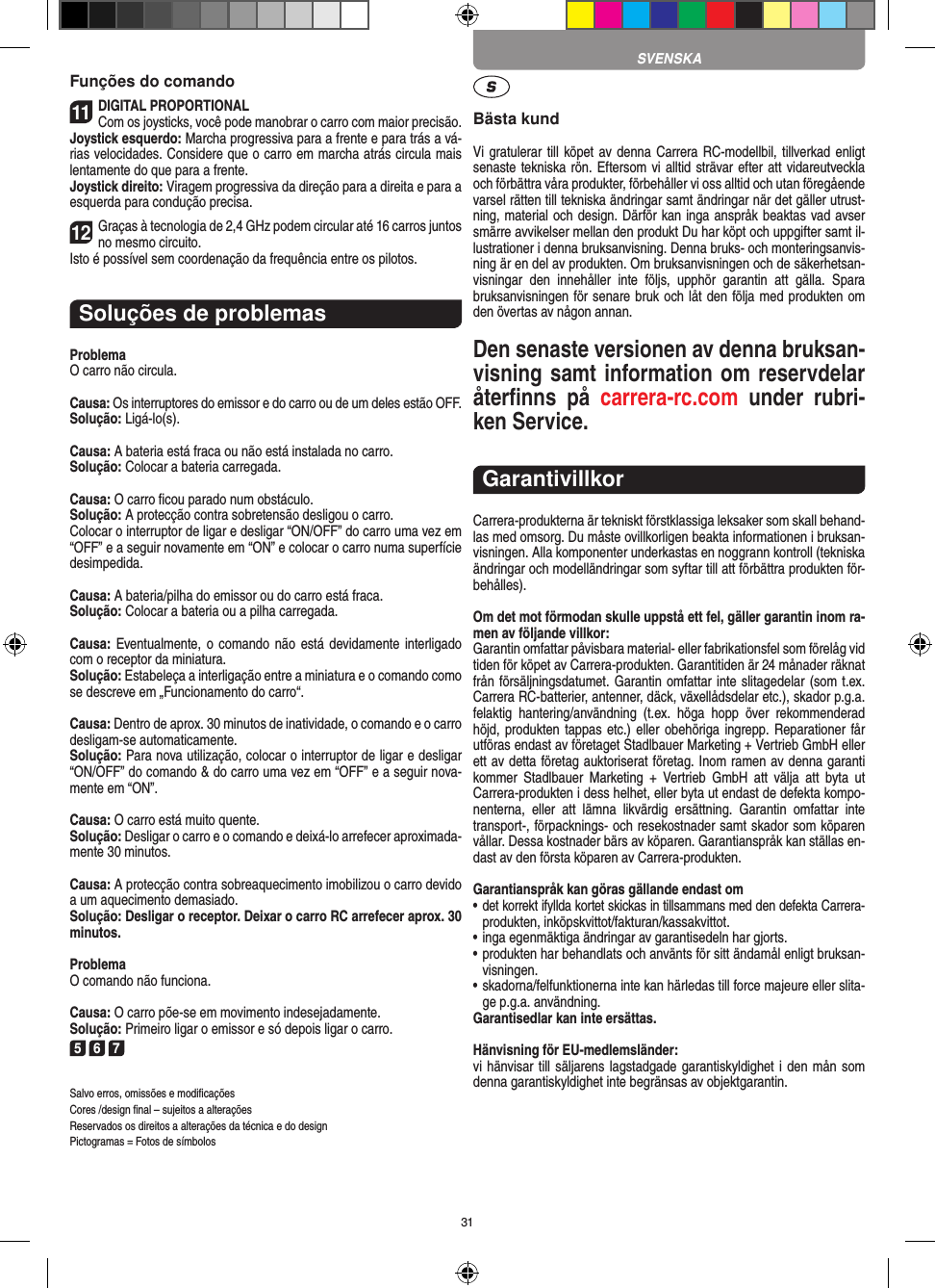 31Funções do comando11DIGITAL PROPORTIONALCom os joysticks, você pode manobrar o carro com maior precisão.Joystick esquerdo: Marcha progressiva para a frente e para trás a vá-rias velocidades. Considere que o carro em marcha atrás  circula mais lentamente do que para a frente.Joystick direito: Viragem progressiva da direção para a direita e para a esquerda para condução precisa.12Graças à tecnologia de 2,4 GHz podem circular até 16 carros juntos no mesmo circuito. Isto é possível sem coordenação da frequência entre os pilotos.Soluções de problemasProblemaO carro não circula.Causa: Os interruptores do emissor e do carro ou de um deles estão OFF.Solução: Ligá-lo(s).Causa: A bateria está fraca ou não está instalada no carro.Solução: Colocar a bateria carregada.Causa: O carro ﬁcou parado num obstáculo. Solução: A protecção contra sobretensão desligou o carro.Colocar o interruptor de ligar e desligar “ON/OFF” do carro uma vez em “OFF” e a seguir novamente em “ON” e colocar o carro numa superfície desimpedida.Causa: A bateria/pilha do emissor ou do carro está fraca.Solução: Colocar a bateria ou a pilha carregada.Causa: Eventualmente, o  comando  não está  devidamente interligado com o receptor da miniatura.Solução: Estabeleça a interligação entre a miniatura e o comando como se descreve em „Funcionamento do carro“.Causa: Dentro de aprox. 30 minutos de inatividade, o comando e o carro desligam-se automaticamente. Solução: Para nova utilização, colocar o interruptor de ligar e desligar “ON/OFF” do comando &amp; do carro uma vez em “OFF” e a seguir nova-mente em “ON”.Causa: O carro está muito quente.Solução: Desligar o carro e o comando e deixá-lo arrefecer aproximada-mente 30 minutos.Causa: A protecção contra sobreaquecimento imobilizou o carro devido a um aquecimento demasiado.Solução: Desligar o receptor. Deixar o carro RC arrefecer aprox. 30 minutos.ProblemaO comando não funciona.Causa: O carro põe-se em movimento indesejadamente.Solução: Primeiro ligar o emissor e só depois ligar o carro.5 6 7Salvo erros, omissões e modiﬁcaçõesCores /design ﬁnal – sujeitos a alteraçõesReservados os direitos a alterações da técnica e do designPictogramas = Fotos de símbolosBästa kundVi gratulerar till köpet av denna Carrera RC-modellbil, tillverkad enligt senaste tekniska rön. Eftersom vi alltid strävar  efter att vidareutveckla och förbättra våra produkter, förbehåller vi oss alltid och utan föregående varsel rätten till tekniska ändringar samt ändringar när det gäller utrust-ning, material och design. Därför kan inga anspråk beaktas vad avser smärre avvikelser mellan den produkt Du har köpt och uppgifter samt il-lustrationer i denna bruksanvisning. Denna bruks- och monteringsanvis-ning är en del av produkten. Om bruksanvisningen och de säkerhetsan-visningar  den  innehåller  inte  följs,  upphör  garantin  att  gälla.  Spara bruksanvisningen för senare bruk och låt den följa med produkten om den övertas av någon annan.Den senaste versionen av denna bruksan-visning samt information om reservdelar återﬁnns  på  carrera-rc.com  under  rubri-ken Service.GarantivillkorCarrera-produkterna är tekniskt förstklassiga leksaker som skall behand-las med omsorg. Du måste ovillkorligen beakta informationen i bruksan-visningen. Alla komponenter underkastas en noggrann kontroll (tekniska ändringar och modelländringar som syftar till att förbättra produkten för-behålles).Om det mot förmodan skulle uppstå ett fel, gäller garantin inom ra-men av följande villkor:Garantin omfattar påvisbara material- eller fabrikationsfel som  förelåg vid tiden för köpet av Carrera-produkten. Garantitiden är 24 månader räknat från försäljningsdatumet.  Garantin omfattar inte slitagedelar (som t.ex. Carrera RC-batterier, antenner, däck, växellådsdelar etc.), skador p.g.a. felaktig  hantering/användning  (t.ex.  höga  hopp  över  rekommenderad höjd, produkten tappas etc.) eller  obehöriga ingrepp. Reparationer får utföras endast av företaget Stadlbauer Marketing + Vertrieb GmbH eller ett av detta  företag auktoriserat företag. Inom ramen av denna garanti kommer  Stadlbauer  Marketing  +  Vertrieb  GmbH  att  välja  att  byta  ut  Carrera-produkten i dess helhet, eller byta ut endast de defekta kompo-nenterna,  eller  att  lämna  likvärdig  ersättning.  Garantin  omfattar  inte transport-, förpacknings- och resekostnader samt  skador som köparen vållar. Dessa kostnader bärs av köparen. Garantianspråk kan ställas en-dast av den första köparen av  Carrera-produkten.Garantianspråk kan göras gällande endast om•  det korrekt ifyllda kortet skickas in tillsammans med den defekta Carrera- produkten, inköpskvittot/fakturan/kassakvittot.•  inga egenmäktiga ändringar av garantisedeln har gjorts.•  produkten har behandlats och använts för sitt ändamål  enligt bruksan-visningen.•  skadorna/felfunktionerna inte kan härledas till force majeure  eller slita-ge p.g.a. användning.Garantisedlar kan inte ersättas.Hänvisning för EU-medlemsländer: vi hänvisar till säljarens lagstadgade garantiskyldighet i den mån som denna garantiskyldighet inte begränsas av objektgarantin. SVENSKA