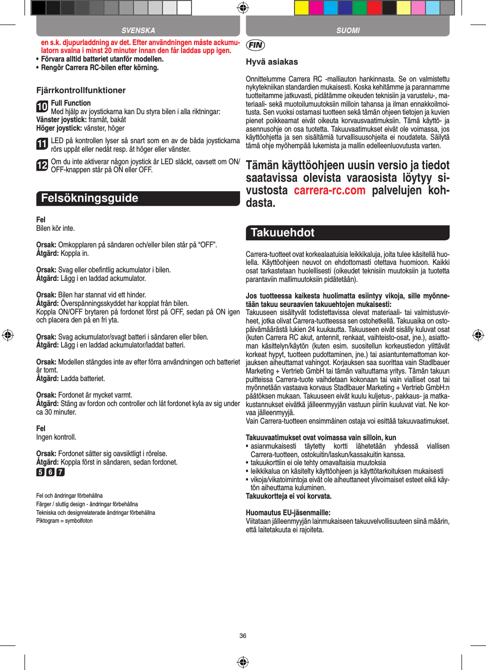 36en s.k. djupurladdning av det. Efter användningen måste ackumu-latorn svalna i minst 20 minuter innan den får laddas upp igen.•   Förvara alltid batteriet utanför modellen.•  Rengör Carrera RC-bilen efter körning.Fjärrkontrollfunktioner10Full FunctionMed hjälp av joystickarna kan Du styra bilen i alla riktningar:Vänster joystick: framåt, bakåtHöger joystick: vänster, höger11LED på kontrollen lyser så snart som en av de båda joystickarna rörs uppåt eller nedåt resp. åt höger eller vänster.12Om du inte aktiverar någon joystick är LED släckt, oavsett om ON/OFF-knappen står på ON eller OFF.FelsökningsguideFelBilen kör inte.Orsak: Omkopplaren på sändaren och/eller bilen står på “OFF”.Åtgärd: Koppla in.Orsak: Svag eller obeﬁntlig ackumulator i bilen.Åtgärd: Lägg i en laddad ackumulator.Orsak: Bilen har stannat vid ett hinder. Åtgärd: Överspänningsskyddet har kopplat från bilen.Koppla ON/OFF brytaren på fordonet först på OFF, sedan på ON igen och placera den på en fri yta.Orsak: Svag ackumulator/svagt batteri i sändaren eller bilen.Åtgärd: Lägg i en laddad ackumulator/laddat batteri.Orsak: Modellen stängdes inte av efter förra användningen och batteriet är tomt.Åtgärd: Ladda batteriet.Orsak: Fordonet är mycket varmt.Åtgärd: Stäng av fordon och controller och låt fordonet kyla av sig under ca 30 minuter.FelIngen kontroll.Orsak: Fordonet sätter sig oavsiktligt i rörelse.Åtgärd: Koppla först in sändaren, sedan fordonet.5 6 7Fel och ändringar förbehållnaFärger / slutlig design - ändringar förbehållnaTekniska och designrelaterade ändringar förbehållnaPiktogram = symbolfotonHyvä asiakasOnnittelumme Carrera RC  -malliauton  hankinnasta. Se  on  valmistettu nykytekniikan standardien mukaisesti. Koska kehitämme ja parannamme tuotteitamme jatkuvasti, pidätämme oikeuden teknisiin ja varustelu-, ma-teriaali- sekä muotoilumuutoksiin milloin  tahansa ja ilman ennakkoilmoi-tusta. Sen vuoksi ostamasi tuotteen sekä tämän ohjeen tietojen ja kuvien pienet poikkeamat eivät oikeuta  korvausvaatimuksiin. Tämä  käyttö- ja asennusohje on osa tuotetta. Takuuvaatimukset eivät ole voimassa, jos käyttöohjetta ja sen sisältämiä turvallisuusohjeita ei noudateta. Säilytä tämä ohje myöhempää lukemista ja mallin edelleenluovutusta varten.Tämän käyttöohjeen uusin versio ja tiedot saatavissa  olevista  varaosista  löytyy  si-vustosta  carrera-rc.com  palvelujen  koh-dasta.TakuuehdotCarrera-tuotteet ovat korkealaatuisia leikkikaluja, joita tulee käsitellä huo-lella.  Käyttöohjeen  neuvot on  ehdottomasti  otettava huomioon.  Kaikki osat tarkastetaan huolellisesti (oikeudet teknisiin muutoksiin ja tuotetta parantaviin mallimuutoksiin pidätetään).Jos tuotteessa  kaikesta huolimatta  esiintyy  vikoja,  sille myönne-tään takuu seuraavien takuuehtojen mukaisesti:Takuuseen  sisältyvät todistettavissa olevat materiaali-  tai  valmistusvir-heet, jotka olivat Carrera-tuotteessa sen ostohetkellä. Takuuaika on osto-päivämäärästä lukien 24 kuukautta. Takuuseen eivät sisälly kuluvat osat (kuten Carrera RC akut, antennit, renkaat, vaihteisto-osat, jne.), asiatto-man  käsittelyn/käytön  (kuten  esim.  suositellun  korkeustiedon  ylittävät korkeat hypyt, tuotteen pudottaminen, jne.) tai asiantuntemattoman kor-jauksen aiheuttamat vahingot. Korjauksen saa suorittaa vain Stadlbauer Marketing + Vertrieb GmbH tai tämän valtuuttama yritys. Tämän takuun puitteissa Carrera- tuote vaihdetaan kokonaan tai vain vialliset osat tai myönnetään vastaava korvaus Stadlbauer Marketing + Vertrieb  GmbH:n päätöksen mukaan. Takuuseen eivät kuulu kuljetus-, pakkaus- ja matka-kustannukset eivätkä jälleenmyyjän vastuun piiriin kuuluvat viat. Ne kor-vaa jälleenmyyjä. Vain Carrera-tuotteen ensimmäinen ostaja voi esittää takuuvaatimukset.Takuuvaatimukset ovat voimassa vain silloin, kun•  asianmukaisesti  täytetty  kortti  lähetetään  yhdessä  viallisen  Carrera-tuotteen, ostokuitin/laskun/kassakuitin kanssa.•  takuukorttiin ei ole tehty omavaltaisia muutoksia•  leikkikalua on käsitelty käyttöohjeen ja käyttötarkoituksen mukaisesti•  vikoja/vikatoimintoja eivät ole aiheuttaneet ylivoimaiset  esteet eikä käy-tön aiheuttama kuluminen.Takuukortteja ei voi korvata.Huomautus EU-jäsenmaille: Viitataan jälleenmyyjän lainmukaiseen takuuvelvollisuuteen siinä määrin, että laitetakuuta ei rajoiteta. SVENSKA SUOMI