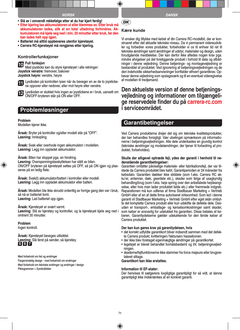 71•   Slå av i omvendt rekkefølge etter at du har kjørt ferdig! •   Etter kjøring tas akkumulatoren ut eller klemmes av. Etter bruk må akkumulatoren  lades,  slik  at  en  total  utladning   forhindres.  Ak-kumulatoren må kjøle seg ned i min. 20 minutter etter bruk, før den kan lades helt opp igjen.•   Batteriet må alltid oppbevares utenfor kjøretøyet.•   Carrera RC-kjøretøyet må rengjøres etter kjøring.Kontrollerfunksjoner10Full funksjonMed joysticks kan du styre kjøretøyet i alle retninger:Joystick venstre: fremover, bakoverJoystick høyre: venstre, høyre 11Lysdioden på kontrollen lyser når du beveger en av de to joysticke-ne oppover eller nedover, eller mot høyre eller venstre.12Lysdioden er slukket hvis ingen av joystickene er i bruk, uansett om ON/OFF-bryteren står på ON eller OFF.ProblemløsningerProblemModellen kjører ikke.Årsak: Bryter på kontroller og/eller modell står på “OFF”.Løsning: Innkopling.Årsak: Svak eller overhode ingen akkumulator i modellen.Løsning: Legg inn oppladet akkumulator.Årsak: Bilen har stoppet pga. en hindring. Løsning: Overspenningsbeskyttelsen har slått av bilen. ON/OFF bryteren på kjøretøyet settes på OFF, så på ON igjen og plas-seres på en ledig ﬂate.Årsak: Svak(t) akkumulator/batteri i kontroller eller modell.Løsning: Legg inn oppladet akkumulator eller batteri.Årsak: Modellen ble ikke skrudd ordentlig av forrige gang den var i bruk, så nå er batteriet tomt. Løsning: Lad batteriet opp igjen.Årsak: Kjøretøyet er svært varmt.Løsning: Slå av kjøretøy og kontroller, og la kjøretøyet kjøle seg ned i omtrent 30 minutter.ProblemIngen kontroll.Årsak: Kjøretøyet beveges utilsiktet.Løsning: Slå først på sender, så kjøretøy.5 6 7Med forbehold om feil og endringer Farger/endelig design - med forbehold om endringerMed forbehold om tekniske endringer og endringer i designPiktogrammer = SymbolbilderKære kundeVi ønsker dig tillykke med købet af din Carrera RC-modelbil, der er kon-strueret efter det aktuelle tekniske niveau. Da vi permanent videreudvik-ler og  forbedrer vores produkter,  forbeholder vi os  til enhver tid ret til tekniske ændringer samt ændringer af udstyr, materi aler og design, uden forudgående meddelelse. Der kan derfor ikke aﬂedes nogen krav pga. mindre afvigelser på det foreliggende produkt i forhold til data og afbild-ninger i denne vejledning. Denne betjenings- og montagevejledning er bestanddel af produktet. Ved ignorering af betjeningsvejledningen og de deri  indeholdte sikkerhedsanvisninger bortfalder ethvert garantikrav. Op-bevar denne vejledning som opslagsværk og til en eventuel videregivelse af modellen til tredjemand.Den aktuelste version af denne betjenings-vejledning og informationer om tilgængeli-ge reservedele ﬁnder du på carrera-rc.com i serviceområdet. GarantibetingelserVed Carrera produkterne drejer det sig om tekniske kvalitetsprodukter, der bør behandles forsigtigt. Vær ubetinget opmærksom på informatio-nerne i betjeningsvejledningen. Alle dele underkastes en grundig kontrol (tekniske ændringer og modelændringer, der tjener til forbedring af pro-duktet, forbeholdes).Skulle der alligevel optræde fejl, ydes der garanti i  henhold til ne-denstående garantibetingelser:Garantien omfatter påviselige materiale- eller fabrikationsfejl, der var til-stede da Carrera produktet blev købt. Garantiperioden er 24 måneder fra købsdato. Garantien dækker ikke sliddele (som  f.eks. Carrera RC ak-ku’er, antenner, dæk, geardele etc.), skader som følge af  usagkyndig behandling/brug (som f.eks. høje spring over den anbefalede højdeangi-velse, eller hvis man lader produktet falde etc.) eller fremmede indgreb. Reparationen må kun udføres af ﬁrma Stadlbauer Marketing + Vertrieb GmbH eller af en af dette ﬁrma autoriseret virksomhed. Som led i denne garanti vil  Stadlbauer Marketing + Vertrieb GmbH efter eget skån ombyt-te det komplette Carrera produkt eller kun udskifte de defekte dele. Des-uden  er  transport-,  emballage-  og  kørselsomkostninger  samt  skader, som køber er ansvarlig for udelukket fra garantien. Disse betales af kø-beren.  Garantiydelserne  gælder  udelukkende  for  den  første  køber  af Carrera produktet.Der kan kun gøres krav på garantiydelsen, hvis•  det korrekt udfyldte garantikort bliver indsendt sammen med det defek-te Carrera produkt, kvitteringen / fakturaen / kassebonen.•  der ikke blev foretaget egenmægtige ændringer på garantikortet.•  legetøjet er blevet behandlet formålsbestemt og iht. betjeningsvejled-ningen.•  skaderne/fejlfunktionerne ikke stammer fra force majeure eller brugsre-lateret slitage.Garantikort kan ikke erstattes.Information til EF-stater: Der henvises til sælgerens lovpligtige garantipligt for så vidt, at denne garantipligt ikke indskrænkes af en konkret garanti. DANSKNORSK
