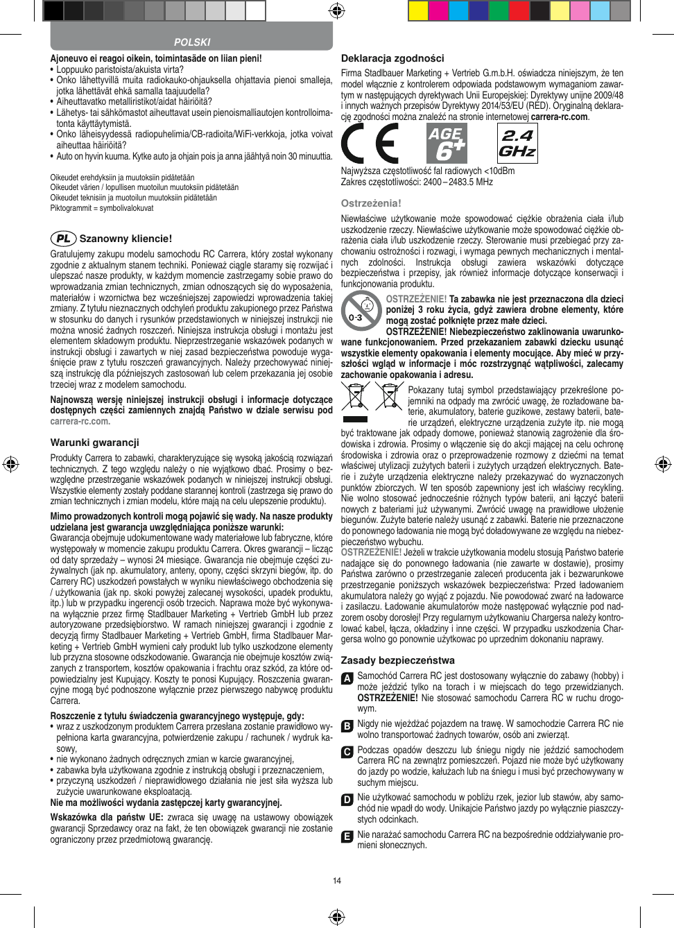 14Ajoneuvo ei reagoi oikein, toimintasäde on liian pieni!•  Loppuuko paristoista/akuista virta?•  Onko lähettyvillä  muita  radiokauko-ohjauksella ohjattavia  pienoi  smalleja, jotka lähettävät ehkä samalla taajuudella?•  Aiheuttavatko metalliristikot/aidat häiriöitä?•  Lähetys- tai sähkömastot aiheuttavat usein pienoismalliautojen kontrolloima-tonta käyttäytymistä.•  Onko läheisyydessä radiopuhelimia/CB-radioita/WiFi-verkkoja, jotka voivat aiheuttaa häiriöitä?•  Auto on hyvin kuuma. Kytke auto ja ohjain pois ja anna jäähtyä noin 30 minuuttia.Oikeudet erehdyksiin ja muutoksiin pidätetäänOikeudet värien / lopullisen muotoilun muutoksiin pidätetäänOikeudet teknisiin ja muotoilun muutoksiin pidätetäänPiktogrammit = symbolivalokuvat Szanowny kliencie!Gratulujemy zakupu modelu samochodu RC Carrera, który został wykonany zgodnie z aktualnym stanem techniki.  Ponieważ ciągle staramy się rozwijać i ulepszać nasze produkty, w każdym momencie zastrzegamy sobie prawo do wprowadzania zmian technicznych, zmian odnoszących się do wyposażenia, materiałów i wzornictwa bez wcześniejszej zapowiedzi wprowadzenia takiej zmiany. Z tytułu nieznacznych odchyleń produktu zakupionego przez  Państwa w stosunku do danych i rysunków przedstawionych w niniejszej instrukcji nie można wnosić żadnych roszczeń. Niniejsza instrukcja obsługi i montażu jest elementem składowym produktu. Nieprzestrzeganie wskazówek podanych w instrukcji obsługi i zawartych w niej zasad bezpieczeństwa powoduje wyga-śnięcie praw z tytułu roszczeń grawancyjnych. Należy przechowywać niniej-szą instrukcję dla późniejszych zastosowań lub celem przekazania jej osobie trzeciej wraz z modelem samochodu.Najnowszą wersję  niniejszej  instrukcji obsługi  i  informacje dotyczące dostępnych części  zamiennych  znajdą Państwo w dziale  serwisu pod carrera-rc.com.Warunki gwarancjiProdukty Carrera to zabawki, charakteryzujące się wysoką  jakością rozwiązań technicznych. Z tego względu należy o  nie wyjątkowo dbać. Prosimy o bez-względne przestrzeganie wskazówek podanych w niniejszej instrukcji obsługi. Wszystkie elementy zostały poddane starannej kontroli (zastrzega się prawo do zmian technicznych i zmian modelu, które mają na celu ulepszenie  produktu).Mimo prowadzonych kontroli mogą pojawić się wady. Na nasze produkty udzielana jest gwarancja uwzględniająca poniższe warunki:Gwarancja obejmuje udokumentowane wady materiałowe lub  fabryczne, które występowały w momencie zakupu  produktu  Carrera. Okres gwarancji – licząc od daty sprzedaży – wynosi 24 miesiące. Gwarancja nie obejmuje części zu-żywalnych (jak np. akumulatory, anteny, opony, części skrzyni biegów, itp. do Carrery RC) uszkodzeń powstałych w wyniku niewłaściwego obchodzenia się / użytkowania (jak np. skoki powyżej zalecanej wysokości,  upadek produktu, itp.) lub w przypadku ingerencji osób trzecich. Naprawa może być wykonywa-na wyłącznie przez ﬁrmę Stadlbauer Marketing + Vertrieb GmbH lub przez autoryzowane przedsiębiorstwo. W ramach niniejszej gwarancji i zgodnie z  decyzją ﬁrmy Stadlbauer Marketing + Vertrieb GmbH, ﬁrma  Stadlbauer Mar-keting + Vertrieb GmbH wymieni cały produkt lub tylko uszkodzone elementy lub przyzna stosowne odszkodowanie. Gwarancja nie obejmuje kosztów zwią-zanych z transportem, kosztów opakowania i frachtu oraz szkód, za które od-powiedzialny jest Kupujący. Koszty te ponosi  Kupujący. Roszczenia gwaran-cyjne mogą być podnoszone wyłącznie przez pierwszego nabywcę produktu  Carrera.Roszczenie z tytułu świadczenia gwarancyjnego występuje, gdy:•  wraz z uszkodzonym produktem Carrera przesłana  zostanie prawidłowo wy-pełniona karta gwarancyjna, potwierdzenie zakupu / rachunek / wydruk ka-sowy,•  nie wykonano żadnych odręcznych zmian w karcie gwarancyjnej,•  zabawka była użytkowana zgodnie z instrukcją obsługi i przeznaczeniem,•  przyczyną uszkodzeń / nieprawidłowego działania nie jest siła wyższa lub zużycie uwarunkowane eksploatacją.Nie ma możliwości wydania zastępczej karty gwarancyjnej.Wskazówka  dla  państw UE:  zwraca się  uwagę  na  ustawowy  obowiązek gwarancji Sprzedawcy oraz na fakt, że ten obowiązek gwarancji nie zostanie ograniczony przez przedmiotową gwarancję. Deklaracja zgodnościFirma Stadlbauer Marketing + Vertrieb G.m.b.H. oświadcza niniejszym, że ten model włącznie z kontrolerem odpowiada podstawowym wymaganiom zawar-tym w następujących dyrektywach Unii Europejskiej: Dyrektywy unijne 2009/48 i innych ważnych przepisów Dyrektywy 2014/53/EU (RED). Oryginalną deklara-cję zgodności można znaleźć na stronie internetowej carrera-rc.com.            Najwyższa częstotliwość fal radiowych &lt;10dBmZakres częstotliwości: 2400 – 2483.5 MHzOstrzeżenia!Niewłaściwe  użytkowanie  może  spowodować  ciężkie  obrażenia  ciała  i/lub uszkodzenie rzeczy. Niewłaściwe użytkowanie może spowodować ciężkie ob-rażenia ciała i/lub uszkodzenie rzeczy. Sterowanie musi przebiegać przy za-chowaniu ostrożności i rozwagi, i wymaga pewnych mechanicznych i mental-nych  zdolności.  Instrukcja  obsługi  zawiera  wskazówki  dotyczące bezpieczeństwa i przepisy,  jak również informacje  dotyczące konserwacji  i funkcjonowania produktu. OSTRZEŻENIE! Ta zabawka nie jest przeznaczona dla dzieci poniżej 3  roku życia, gdyż  zawiera  drobne elementy, które mogą zostać połknięte przez małe dzieci. OSTRZEŻENIE! Niebezpieczeństwo zaklinowania uwarunko-wane funkcjonowaniem. Przed przekazaniem  zabawki dziecku usunąć wszystkie  elementy opakowania i elementy mocujące. Aby mieć w przy-szłości wgląd w informacje i móc rozstrzygnąć wątpliwości, zalecamy zachowanie opakowania i adresu.Pokazany  tutaj  symbol przedstawiający przekreślone  po-jemniki na odpady ma zwrócić uwagę, że rozładowane ba-terie, akumulatory, baterie guzikowe, zestawy baterii, bate-rie urządzeń, elektryczne urządzenia zużyte itp. nie mogą być traktowane jak odpady domowe, ponieważ stanowią zagrożenie dla śro-dowiska i zdrowia. Prosimy o włączenie się do akcji mającej na celu ochronę środowiska i zdrowia oraz o przeprowadzenie rozmowy z dziećmi na temat  właściwej utylizacji zużytych baterii i zużytych urządzeń elektrycznych. Bate-rie  i zużyte  urządzenia elektryczne należy  przekazywać do  wyznaczonych punktów zbiorczych. W ten sposób zapewniony jest ich właściwy recykling. Nie  wolno stosować jednocześnie różnych typów baterii,  ani łączyć  baterii nowych z bateriami już używanymi.  Zwrócić uwagę na prawidłowe ułożenie biegunów. Zużyte baterie należy usunąć z zabawki. Baterie nie przeznaczone do ponownego ładowania nie mogą być doładowywane ze względu na niebez-pieczeństwo wybuchu. OSTRZEŻENIE! Jeżeli w trakcie użytkowania modelu stosują Państwo baterie nadające się do  ponownego ładowania (nie  zawarte w  dostawie), prosimy Państwa zarówno o przestrzeganie zaleceń producenta jak i bezwarunkowe przestrzeganie  poniższych wskazówek bezpieczeństwa: Przed  ładowaniem akumulatora należy go wyjąć z pojazdu. Nie powodować zwarć na ładowarce i zasilaczu. Ładowanie akumulatorów może następować wyłącznie pod nad-zorem osoby dorosłej! Przy regularnym użytkowaniu Chargersa należy kontro-lować kabel, łącza, okładziny i inne części. W przypadku uszkodzenia Char-gersa wolno go ponownie użytkowac po uprzednim dokonaniu naprawy.Zasady bezpieczeństwaA Samochód Carrera RC jest dostosowany wyłącznie do zabawy (hobby) i może  jeździć  tylko  na  torach  i  w  miejscach  do  tego  przewidzianych. OSTRZEŻENIE! Nie stosować samochodu Carrera RC w ruchu drogo-wym.BNigdy nie wjeżdżać pojazdem na trawę. W samochodzie Carrera RC nie wolno transportować żadnych  towarów, osób ani zwierząt.C Podczas  opadów  deszczu  lub  śniegu  nigdy  nie   jeździć  samochodem  Carrera RC na zewnątrz  pomieszczeń. Pojazd nie może być użytkowany do  jazdy po wodzie, kałużach lub na śniegu i musi być przechowywany w suchym miejscu.D Nie użytkować samochodu w pobliżu rzek, jezior lub stawów, aby samo-chód nie wpadł do wody. Unikajcie Państwo jazdy po wyłącznie piaszczy-stych odcinkach.ENie narażać samochodu Carrera RC na bezpośrednie oddziaływanie pro-mieni słonecznych. POLSKI
