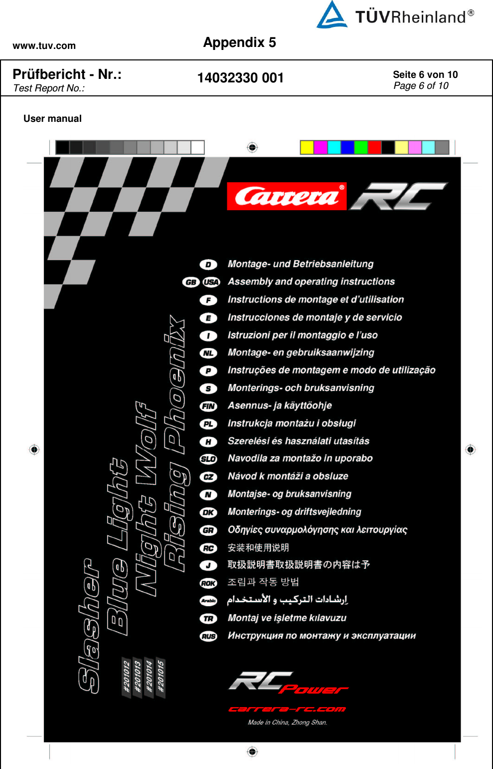 www.tuv.com Appendix 5  Prüfbericht - Nr.:  Test Report No.: 14032330 001 Seite 6 von 10 Page 6 of 10   User manual  