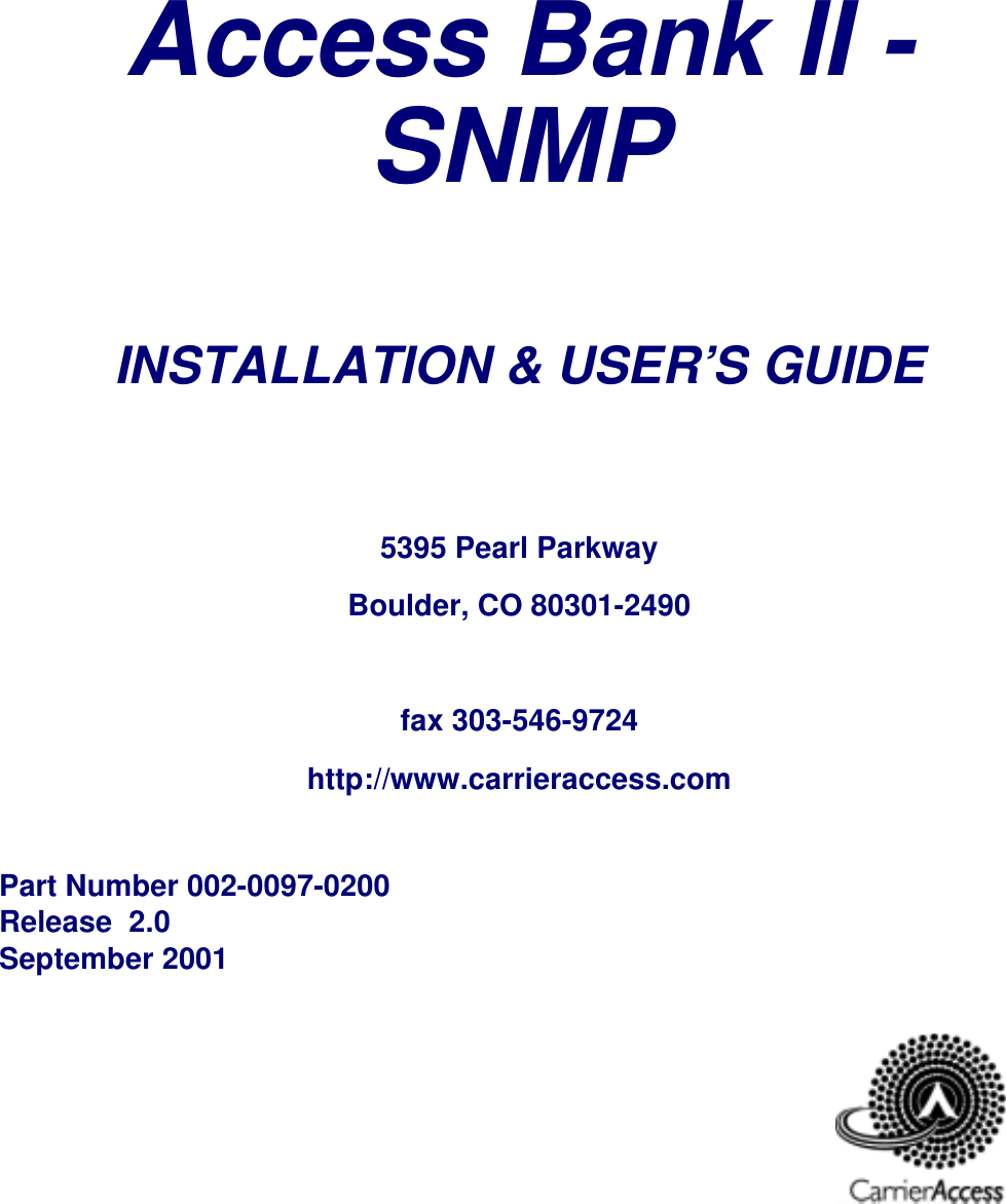 Carrier Access Bank Ii Snmp Users Manual Ab2snmp.bk