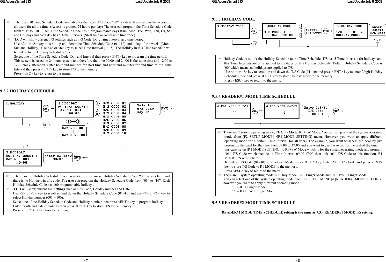 GE AccessSmart 313                                                                                         Last Update July 6, 2005   47            9.5.2 HOLIDAY SCHEDULE               ☞.    There are 10 Time Schedule Code available for the users. T/S Code “00” is a default and allows the access for all users for all the time. (Access is granted 24 hours per day) The user can program the Time Schedule Code from “01” to “10”. Each Time Schedule Code has 8 programmable days (Sun, Mon, Tue, Wed, Thu, Fri, Sat and Holiday) and each day has 5 Time Intervals. (Shift time or Accessible time zone) ☞.    LCD will show current T/S settings such as T/S Code, Day, Time Interval and time period. Use &lt;2&gt; or &lt;8&gt; key to scroll up and down the Time Schedule Code (01~10) and a day of the week. (Mon ~ Sun and Holiday). Use &lt;4&gt; or &lt;6&gt; key to select Time Interval (1 ~ 5). The Holiday in this Time Schedule will be linked to the Holiday Schedule Code. Select one of the Time Schedule Code, Day and Interval then press &lt;ENT&gt; key to program the time period. This system is based on 24 hours system and therefore the time 00:00 and 24:00 is the same time and 12:00 is 12 O’clock afternoon. Enter hour and minutes for start time and hour and minutes for end time of the Time Interval then press &lt;ENT&gt; key to store T/S to the memory. Press &lt;ESC&gt; key to return to the menu. ☞.    There are 10 Holiday Schedule Code available for the users. Holiday Schedule Code “00” is a default and there is no Holidays in this code. The user can program the Holiday Schedule Code from “01” to “10”. Each Holiday Schedule Code has 100 programmable holidays. ☞.    LCD will show current H/S settings such as H/S Code, Holiday number and Date. Use &lt;2&gt; or &lt;8&gt; key to scroll up and down the Holiday Schedule Code (01~10) and use &lt;4&gt; or &lt;6&gt; key to select Holiday number (001 ~ 100).   Select one of the Holiday Schedule Code and Holiday number then press &lt;ENT&gt; key to program holidays. Enter month and date of holiday then press &lt;ENT&gt; key to store H/S to the memory. Press &lt;ESC&gt; key to return to the menu. GE AccessSmart 313                                                                                         Last Update July 6, 2005   489.5.3 HOLIDAY CODE         9.5.4 READER#1 MODE TIME SCHEDULE                 9.5.5 READER#2 MODE TIME SCHEDULE  READER#2 MODE TIME SCHEDULE setting is the same as 9.5.4 READER#1 MODE T/S setting.        ☞. Holiday Code is to link the Holiday Schedule to the Time Schedule. T/S has 5 Time Intervals for holidays and this Time Intervals are only applied to the dates of this Holiday Schedule. Default Holiday Schedule Code is ‘00’ which means no holidays are applied to T/S. Use &lt;4&gt; or &lt;6&gt; key to scroll up and down the T/S Code (01~10) and press &lt;ENT&gt; key to enter 2digit Holiday Schedule Code and press &lt;ENT&gt; key to store Holiday Index to the memory. Press &lt;ESC&gt; key to return to the menu.☞. There are 2 system operating mode, RF Only Mode, RF+PW Mode. You can setup one of the system operating mode from [F2 SETUP MODE]-&gt;[R1 MODE SETTING] menu. However, you want to apply different operating mode for a certain Time Interval for all users. For example, you want to access the door by just presenting the card for the time from 09:00 to 17:00 and you want to use Password for the rest of the time. In this case, setup [R1 MODE SETTING] to RF+PW Mode which is for the system operating mode and program “01” T/S Code which includes a Time Interval 09:00-17:00 then link “01” T/S Code to this function, R1 MODE T/S setting here. To link a T/S Code (01~10) to Reader#1 Mode, press &lt;ENT&gt; key. Enter 2digit T/S Code and press &lt;ENT&gt; key to store T/S Code to R1 MODE to the memory. Press &lt;ESC&gt; key to return to the menu. . There are 3 system operating mode, RF Only Mode, ☞ID + Finger Mode and ID + PW + Finger Mode.       You can select one of the system operating mode from [F2 SETUP MENU]-&gt;[READER#1 MODE SETTING] however, you want to apply different operating mode     ‘2’ – ID + Finger Mode ‘3’ – ID + PW + Finger Mode 