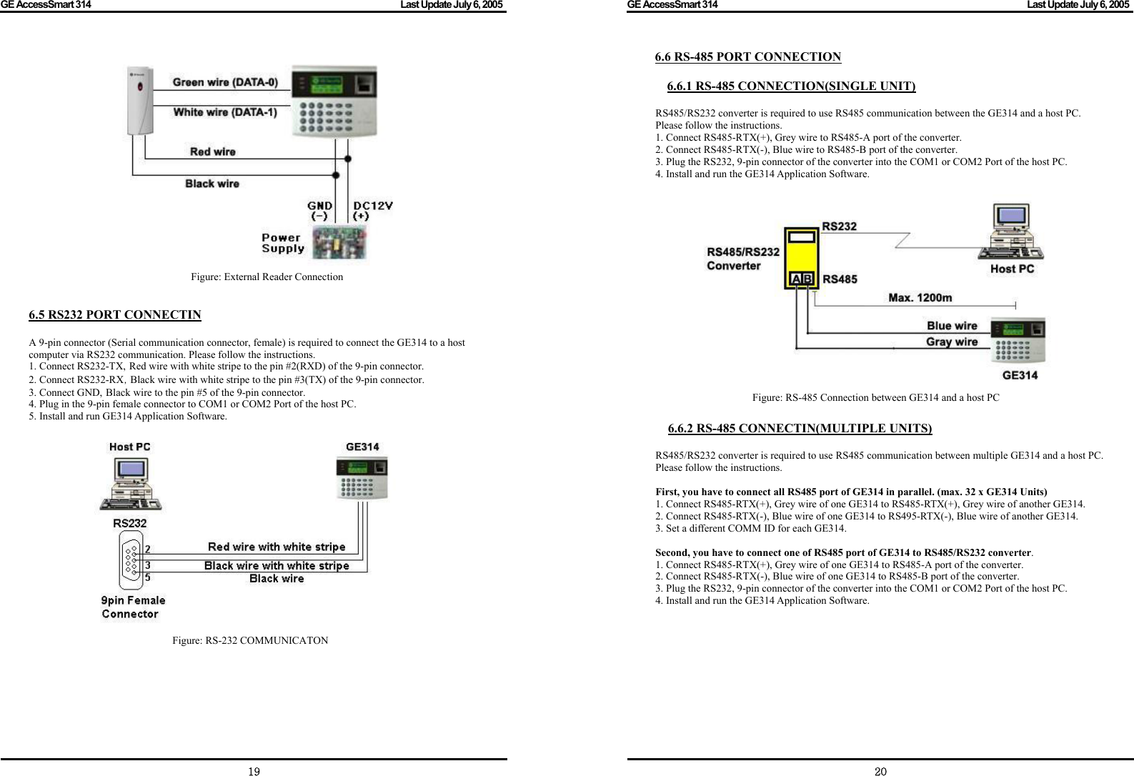 GE AccessSmart 314                                                                                         Last Update July 6, 2005   19  Figure: External Reader Connection   6.5 RS232 PORT CONNECTIN  A 9-pin connector (Serial communication connector, female) is required to connect the GE314 to a host computer via RS232 communication. Please follow the instructions. 1. Connect RS232-TX, Red wire with white stripe to the pin #2(RXD) of the 9-pin connector. 2. Connect RS232-RX, Black wire with white stripe to the pin #3(TX) of the 9-pin connector. 3. Connect GND, Black wire to the pin #5 of the 9-pin connector. 4. Plug in the 9-pin female connector to COM1 or COM2 Port of the host PC. 5. Install and run GE314 Application Software.  Figure: RS-232 COMMUNICATON       GE AccessSmart 314                                                                                         Last Update July 6, 2005   206.6 RS-485 PORT CONNECTION  6.6.1 RS-485 CONNECTION(SINGLE UNIT)  RS485/RS232 converter is required to use RS485 communication between the GE314 and a host PC. Please follow the instructions. 1. Connect RS485-RTX(+), Grey wire to RS485-A port of the converter. 2. Connect RS485-RTX(-), Blue wire to RS485-B port of the converter. 3. Plug the RS232, 9-pin connector of the converter into the COM1 or COM2 Port of the host PC. 4. Install and run the GE314 Application Software.  Figure: RS-485 Connection between GE314 and a host PC  6.6.2 RS-485 CONNECTIN(MULTIPLE UNITS)  RS485/RS232 converter is required to use RS485 communication between multiple GE314 and a host PC. Please follow the instructions.  First, you have to connect all RS485 port of GE314 in parallel. (max. 32 x GE314 Units) 1. Connect RS485-RTX(+), Grey wire of one GE314 to RS485-RTX(+), Grey wire of another GE314. 2. Connect RS485-RTX(-), Blue wire of one GE314 to RS495-RTX(-), Blue wire of another GE314. 3. Set a different COMM ID for each GE314.  Second, you have to connect one of RS485 port of GE314 to RS485/RS232 converter. 1. Connect RS485-RTX(+), Grey wire of one GE314 to RS485-A port of the converter. 2. Connect RS485-RTX(-), Blue wire of one GE314 to RS485-B port of the converter. 3. Plug the RS232, 9-pin connector of the converter into the COM1 or COM2 Port of the host PC. 4. Install and run the GE314 Application Software. 