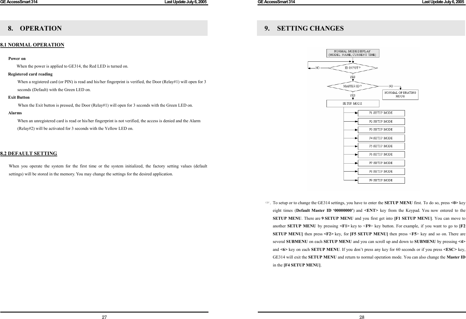 GE AccessSmart 314                                                                                         Last Update July 6, 2005   27 8.  OPERATION  8.1 NORMAL OPERATION  Power on When the power is applied to GE314, the Red LED is turned on. Registered card reading When a registered card (or PIN) is read and his/her fingerprint is verified, the Door (Relay#1) will open for 3 seconds (Default) with the Green LED on. Exit Button  When the Exit button is pressed, the Door (Relay#1) will open for 3 seconds with the Green LED on. Alarms When an unregistered card is read or his/her fingerprint is not verified, the access is denied and the Alarm (Relay#2) will be activated for 3 seconds with the Yellow LED on.    8.2 DEFAULT SETTING  When you operate the system for the first time or the system initialized, the factory setting values (default settings) will be stored in the memory. You may change the settings for the desired application.                GE AccessSmart 314                                                                                         Last Update July 6, 2005   289.  SETTING CHANGES     ☞.   To setup or to change the GE314 settings, you have to enter the SETUP MENU first. To do so, press &lt;0&gt; key eight times (Default Master ID ‘00000000’) and &lt;ENT&gt;  key from the Keypad. You now entered to the SETUP MENU. There are 9 SETUP MENU and you first get into [F1 SETUP MENU]. You can move to another  SETUP MENU by pressing &lt;F1&gt; key to &lt;F9&gt; key button. For example, if you want to go to [F2 SETUP MENU] then press &lt;F2&gt; key, for [F5 SETUP MENU] then press &lt;F5&gt; key and so on. There are several SUBMENU on each SETUP MENU and you can scroll up and down to SUBMENU by pressing &lt;4&gt; and &lt;6&gt; key on each SETUP MENU. If you don’t press any key for 60 seconds or if you press &lt;ESC&gt; key, GE314 will exit the SETUP MENU and return to normal operation mode. You can also change the Master ID in the [F4 SETUP MENU].  
