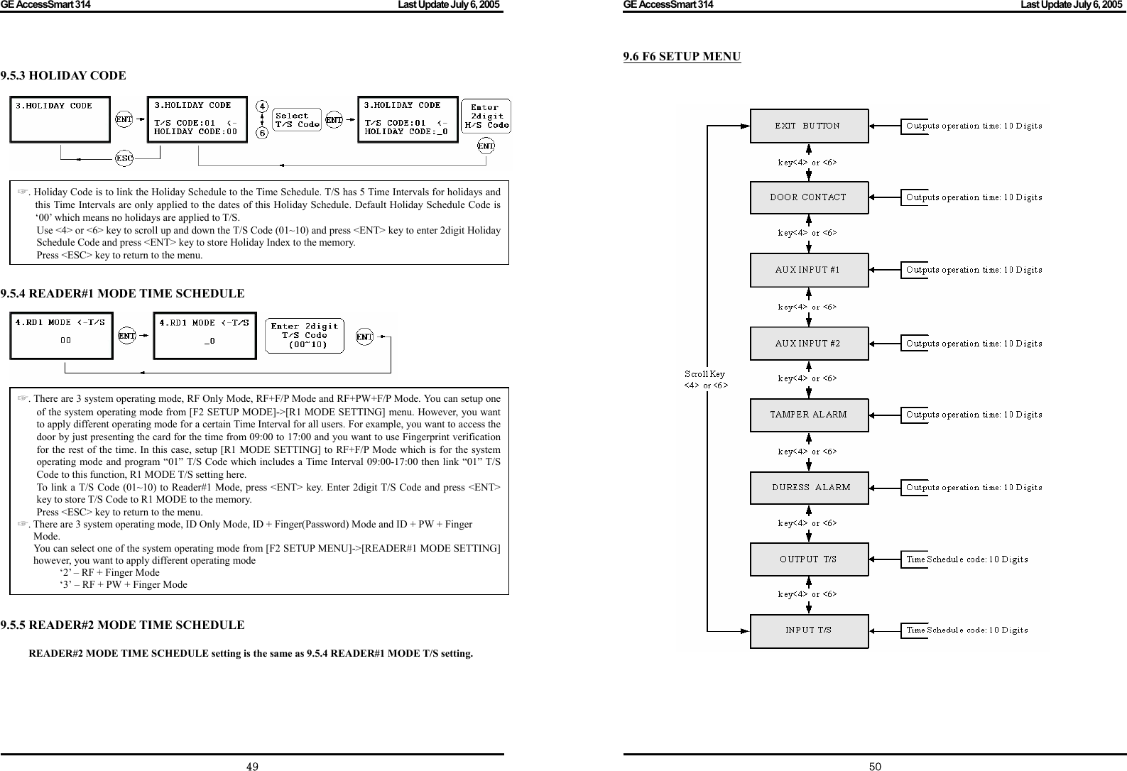 GE AccessSmart 314                                                                                         Last Update July 6, 2005   49  9.5.3 HOLIDAY CODE        9.5.4 READER#1 MODE TIME SCHEDULE                  9.5.5 READER#2 MODE TIME SCHEDULE  READER#2 MODE TIME SCHEDULE setting is the same as 9.5.4 READER#1 MODE T/S setting.      ☞. Holiday Code is to link the Holiday Schedule to the Time Schedule. T/S has 5 Time Intervals for holidays and this Time Intervals are only applied to the dates of this Holiday Schedule. Default Holiday Schedule Code is ‘00’ which means no holidays are applied to T/S. Use &lt;4&gt; or &lt;6&gt; key to scroll up and down the T/S Code (01~10) and press &lt;ENT&gt; key to enter 2digit Holiday Schedule Code and press &lt;ENT&gt; key to store Holiday Index to the memory. Press &lt;ESC&gt; key to return to the menu. ☞. There are 3 system operating mode, RF Only Mode, RF+F/P Mode and RF+PW+F/P Mode. You can setup one of the system operating mode from [F2 SETUP MODE]-&gt;[R1 MODE SETTING] menu. However, you want to apply different operating mode for a certain Time Interval for all users. For example, you want to access the door by just presenting the card for the time from 09:00 to 17:00 and you want to use Fingerprint verification for the rest of the time. In this case, setup [R1 MODE SETTING] to RF+F/P Mode which is for the system operating mode and program “01” T/S Code which includes a Time Interval 09:00-17:00 then link “01” T/S Code to this function, R1 MODE T/S setting here. To link a T/S Code (01~10) to Reader#1 Mode, press &lt;ENT&gt; key. Enter 2digit T/S Code and press &lt;ENT&gt;key to store T/S Code to R1 MODE to the memory. Press &lt;ESC&gt; key to return to the menu. . There are 3 system operating mode, ☞ID Only Mode, ID + Finger(Password) Mode and ID + PW + Finger Mode.       You can select one of the system operating mode from [F2 SETUP MENU]-&gt;[READER#1 MODE SETTING] however, you want to apply different operating mode     ‘2’ – RF + Finger Mode ‘3’ – RF + PW + Finger Mode GE AccessSmart 314                                                                                         Last Update July 6, 2005   509.6 F6 SETUP MENU      