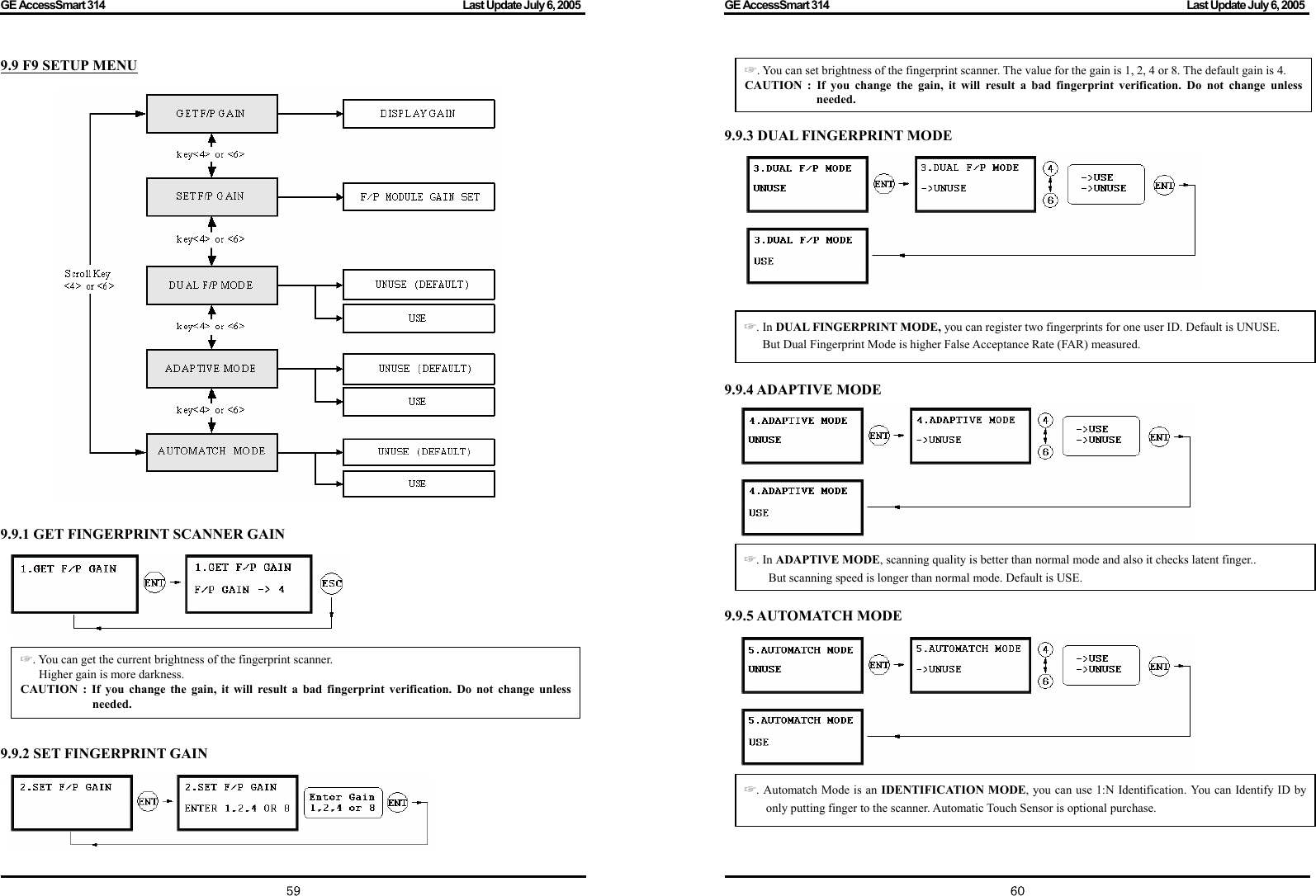 GE AccessSmart 314                                                                                         Last Update July 6, 2005   59 9.9 F9 SETUP MENU    9.9.1 GET FINGERPRINT SCANNER GAIN          9.9.2 SET FINGERPRINT GAIN     . You can ☞get the current brightness of the fingerprint scanner. Higher gain is more darkness. CAUTION : If you change the gain, it will result a bad fingerprint verification. Do not change unless needed. GE AccessSmart 314                                                                                         Last Update July 6, 2005   60   9.9.3 DUAL FINGERPRINT MODE              9.9.4 ADAPTIVE MODE               9.9.5 AUTOMATCH MODE             . You can ☞set brightness of the fingerprint scanner. The value for the gain is 1, 2, 4 or 8. The default gain is 4. CAUTION : If you change the gain, it will result a bad fingerprint verification. Do not change unless needed. . ☞In DUAL FINGERPRINT MODE, you can register two fingerprints for one user ID. Default is UNUSE.           But Dual Fingerprint Mode is higher False Acceptance Rate (FAR) measured. .☞ In ADAPTIVE MODE, scanning quality is better than normal mode and also it checks latent finger..           But scanning speed is longer than normal mode. Default is USE. . ☞Automatch Mode is an IDENTIFICATION MODE, you can use 1:N Identification. You can Identify ID by only putting finger to the scanner. Automatic Touch Sensor is optional purchase. 