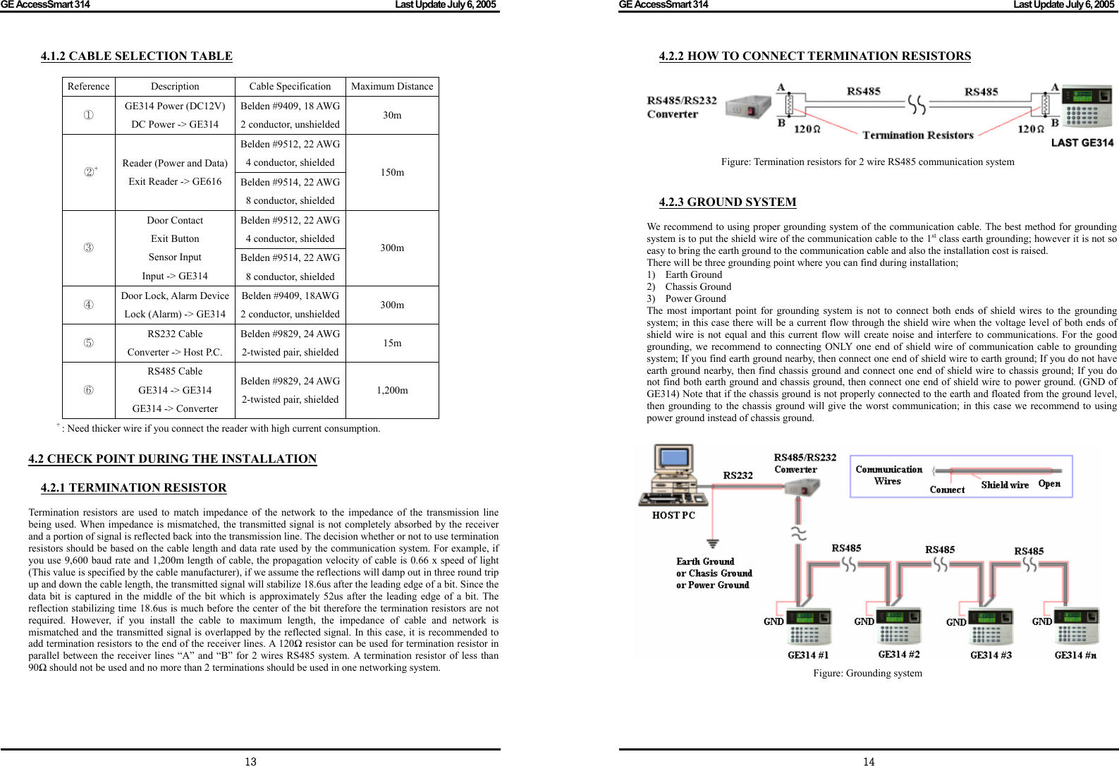 GE AccessSmart 314                                                                                         Last Update July 6, 2005   13 4.1.2 CABLE SELECTION TABLE  Reference Description  Cable Specification Maximum Distance① GE314 Power (DC12V) DC Power -&gt; GE314 Belden #9409, 18 AWG2 conductor, unshielded 30m Belden #9512, 22 AWG4 conductor, shielded  ②+ Reader (Power and Data) Exit Reader -&gt; GE616  Belden #9514, 22 AWG8 conductor, shielded 150m Belden #9512, 22 AWG4 conductor, shielded ③ Door Contact Exit Button Sensor Input Input -&gt; GE314 Belden #9514, 22 AWG8 conductor, shielded 300m ④ Door Lock, Alarm Device Lock (Alarm) -&gt; GE314 Belden #9409, 18AWG2 conductor, unshielded 300m ⑤ RS232 Cable Converter -&gt; Host P.C. Belden #9829, 24 AWG2-twisted pair, shielded 15m ⑥ RS485 Cable GE314 -&gt; GE314 GE314 -&gt; Converter Belden #9829, 24 AWG2-twisted pair, shielded 1,200m + : Need thicker wire if you connect the reader with high current consumption.  4.2 CHECK POINT DURING THE INSTALLATION  4.2.1 TERMINATION RESISTOR  Termination resistors are used to match impedance of the network to the impedance of the transmission line being used. When impedance is mismatched, the transmitted signal is not completely absorbed by the receiver and a portion of signal is reflected back into the transmission line. The decision whether or not to use termination resistors should be based on the cable length and data rate used by the communication system. For example, if you use 9,600 baud rate and 1,200m length of cable, the propagation velocity of cable is 0.66 x speed of light (This value is specified by the cable manufacturer), if we assume the reflections will damp out in three round trip up and down the cable length, the transmitted signal will stabilize 18.6us after the leading edge of a bit. Since the data bit is captured in the middle of the bit which is approximately 52us after the leading edge of a bit. The reflection stabilizing time 18.6us is much before the center of the bit therefore the termination resistors are not required. However, if you install the cable to maximum length, the impedance of cable and network is mismatched and the transmitted signal is overlapped by the reflected signal. In this case, it is recommended to add termination resistors to the end of the receiver lines. A 120Ω resistor can be used for termination resistor in parallel between the receiver lines “A” and “B” for 2 wires RS485 system. A termination resistor of less than 90Ω should not be used and no more than 2 terminations should be used in one networking system.     GE AccessSmart 314                                                                                         Last Update July 6, 2005   144.2.2 HOW TO CONNECT TERMINATION RESISTORS   Figure: Termination resistors for 2 wire RS485 communication system   4.2.3 GROUND SYSTEM  We recommend to using proper grounding system of the communication cable. The best method for grounding system is to put the shield wire of the communication cable to the 1st class earth grounding; however it is not so easy to bring the earth ground to the communication cable and also the installation cost is raised. There will be three grounding point where you can find during installation; 1) Earth Ground 2) Chassis Ground 3) Power Ground The most important point for grounding system is not to connect both ends of shield wires to the grounding system; in this case there will be a current flow through the shield wire when the voltage level of both ends of shield wire is not equal and this current flow will create noise and interfere to communications. For the good grounding, we recommend to connecting ONLY one end of shield wire of communication cable to grounding system; If you find earth ground nearby, then connect one end of shield wire to earth ground; If you do not have earth ground nearby, then find chassis ground and connect one end of shield wire to chassis ground; If you do not find both earth ground and chassis ground, then connect one end of shield wire to power ground. (GND of GE314) Note that if the chassis ground is not properly connected to the earth and floated from the ground level, then grounding to the chassis ground will give the worst communication; in this case we recommend to using power ground instead of chassis ground.   Figure: Grounding system    