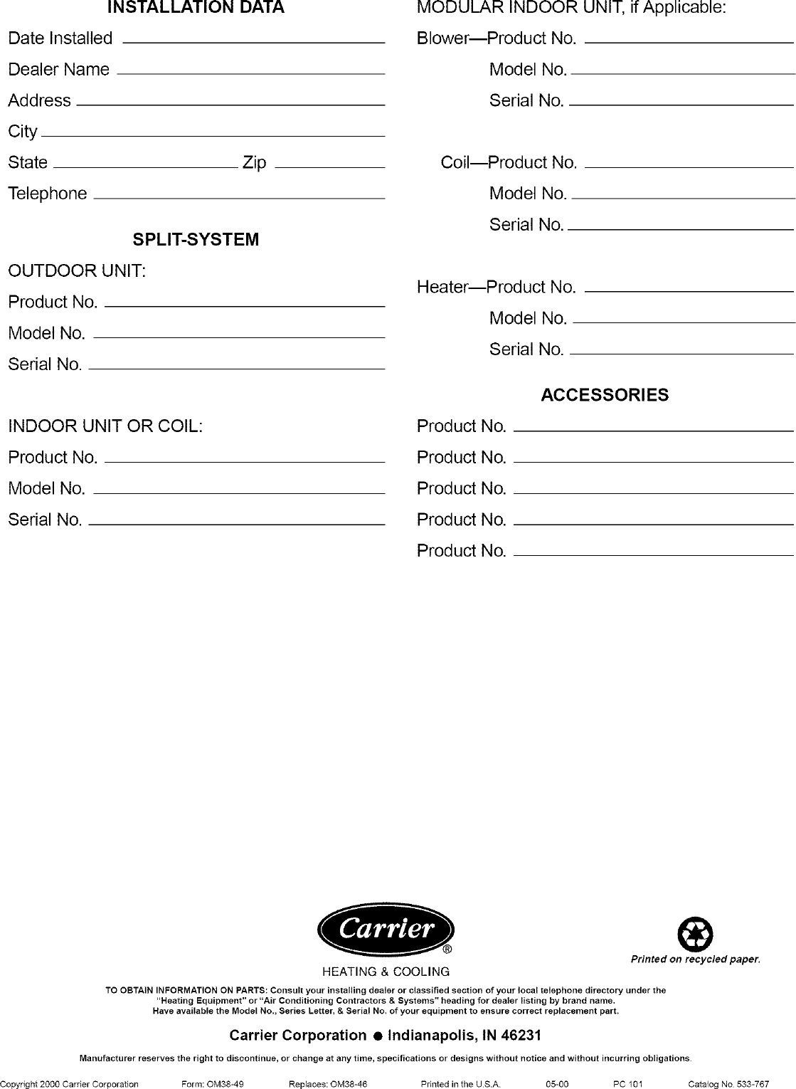 Page 8 of 8 - Carrier 38EZG024 SERIES300 User Manual  CONDENSING UNIT - Manuals And Guides L0408354