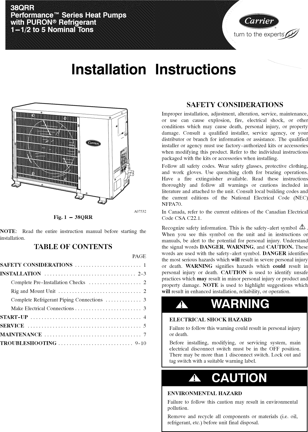 Page 1 of 10 - Carrier 38QRR018300 User Manual  HEAT PUMP - Manuals And Guides 1008629L