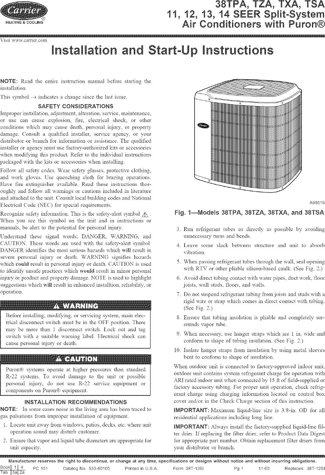 Page 1 of 12 - Carrier 38TPA042 SERIES300 User Manual  CONDENSING UNIT - Manuals And Guides L0411015