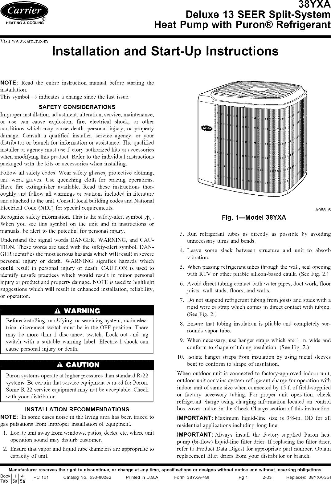 Page 1 of 12 - Carrier 38YXA030 SERIES330 User Manual  HEAT PUMP - Manuals And Guides L0411019