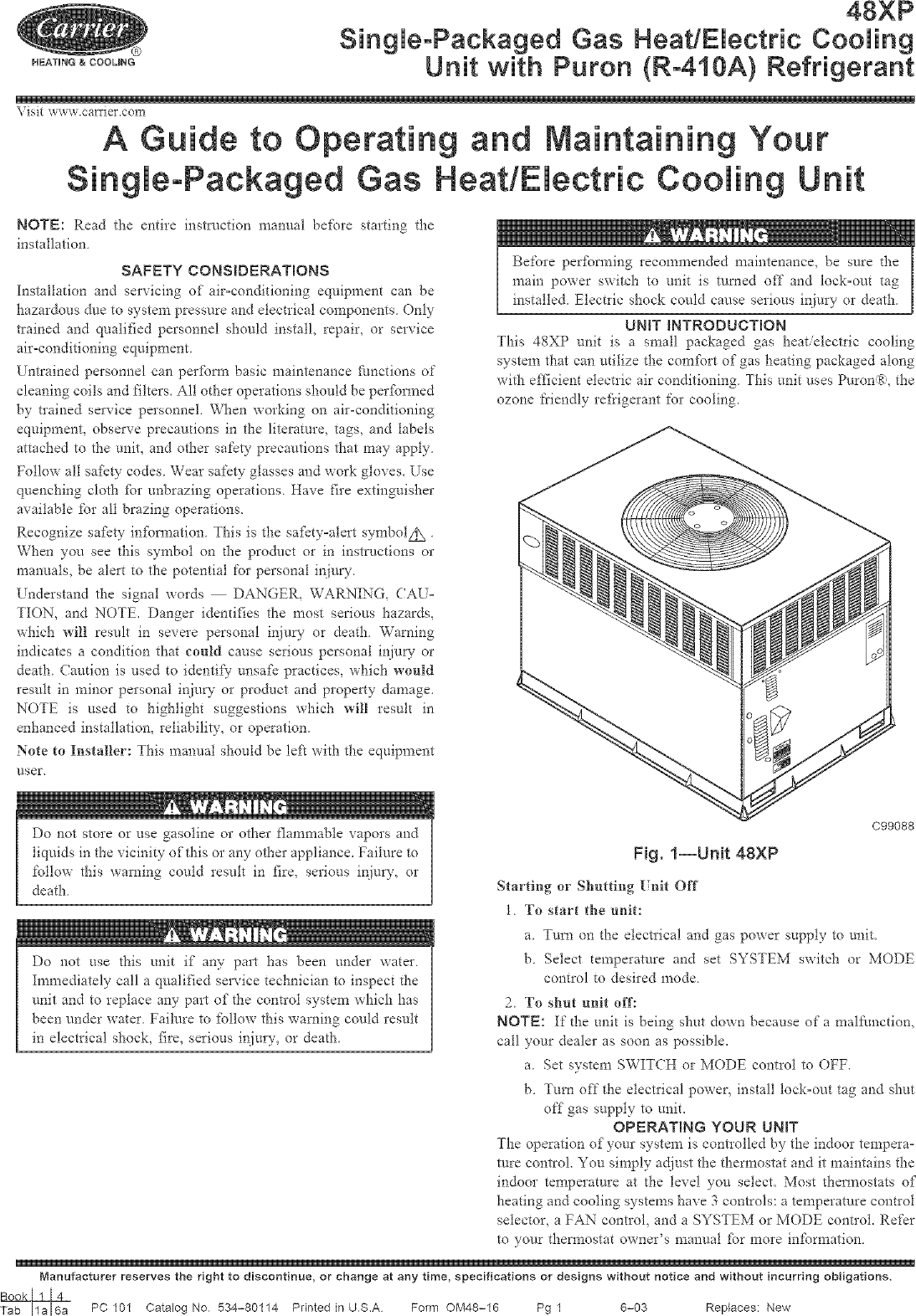 Page 1 of 4 - Carrier 48XP030040300 User Manual  CENTRAL PACKAGE - Manuals And Guides L0408426