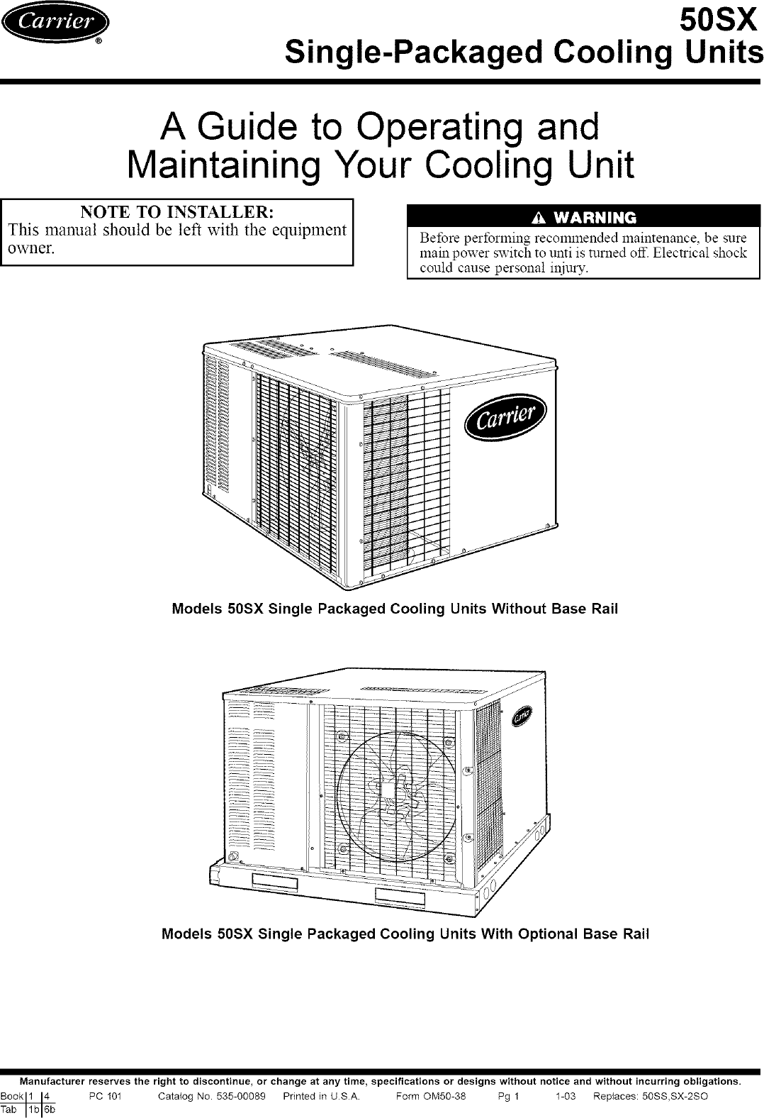 Page 1 of 4 - Carrier 50SX030300 User Manual  CENTRAL PACKAGE - Manuals And Guides L0408440