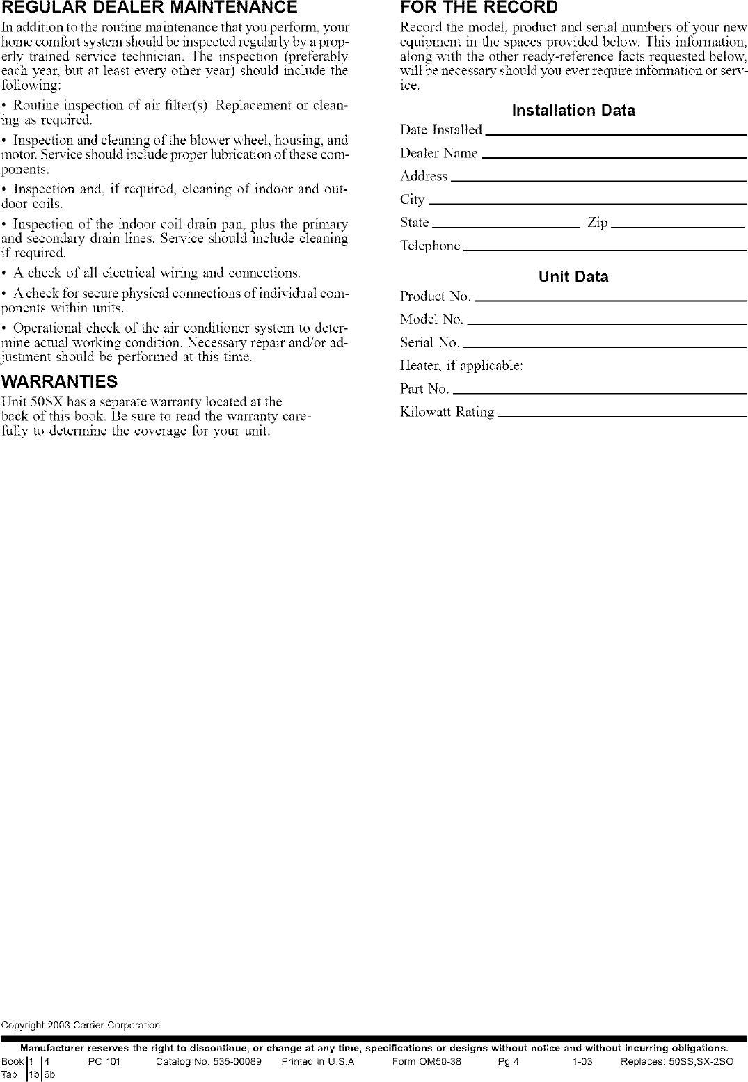 Page 4 of 4 - Carrier 50SX030300 User Manual  CENTRAL PACKAGE - Manuals And Guides L0408440