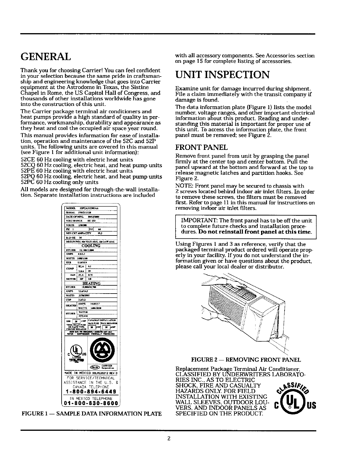 Carrier 52CQC312351AA User Manual A/C UNIT Manuals And Guides L0504595