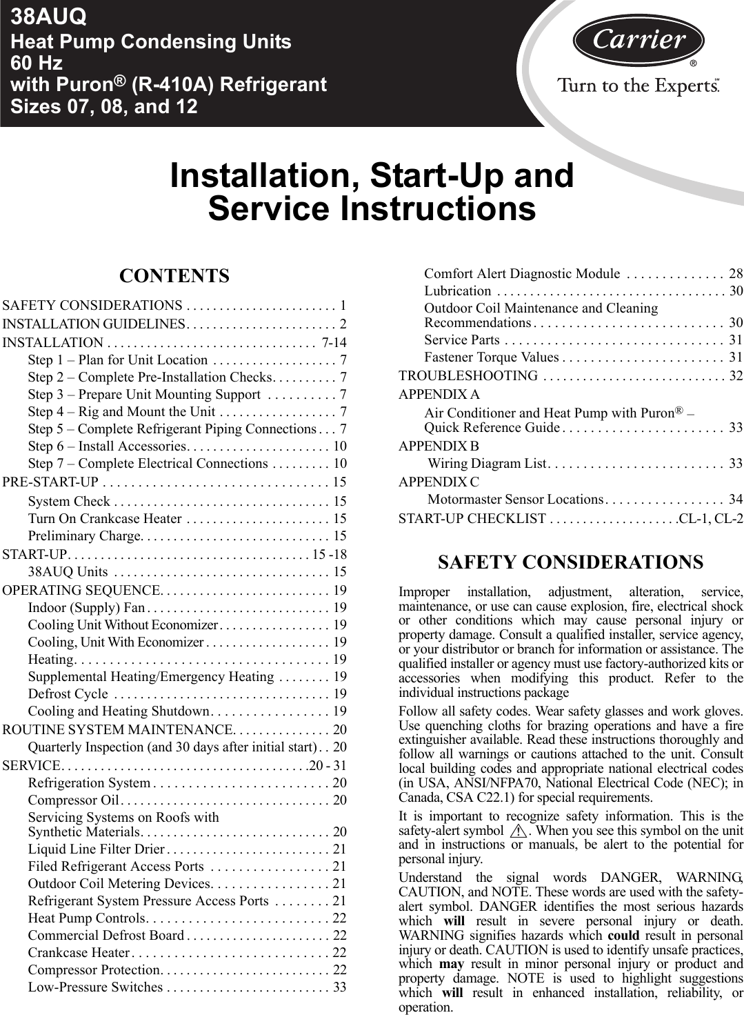 Carrier 38Auq Users Manual 01SI