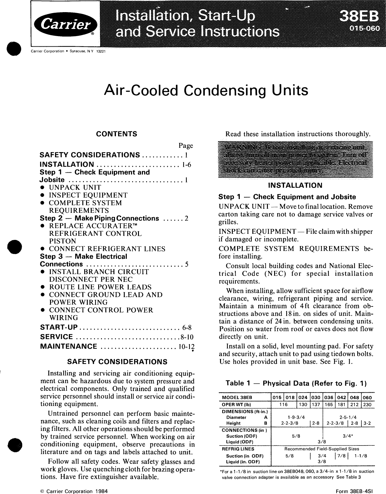 Page 1 of 12 - Carrier Carrier-Air-Cooled-Condensing-Units-38Eb-Users-Manual-  Carrier-air-cooled-condensing-units-38eb-users-manual