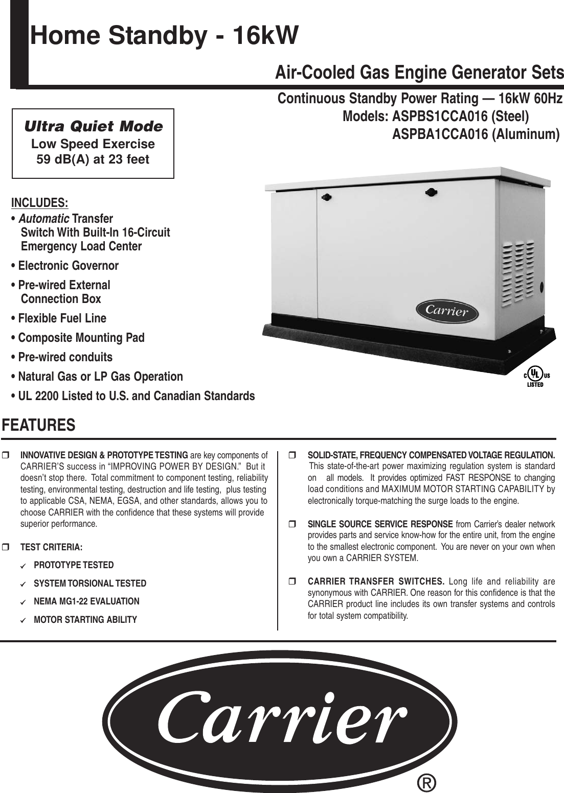 Page 1 of 4 - Carrier Carrier-Home-Standby-Aspba1Cca016-Users-Manual- CarrierAC16kW9.27.06  Carrier-home-standby-aspba1cca016-users-manual
