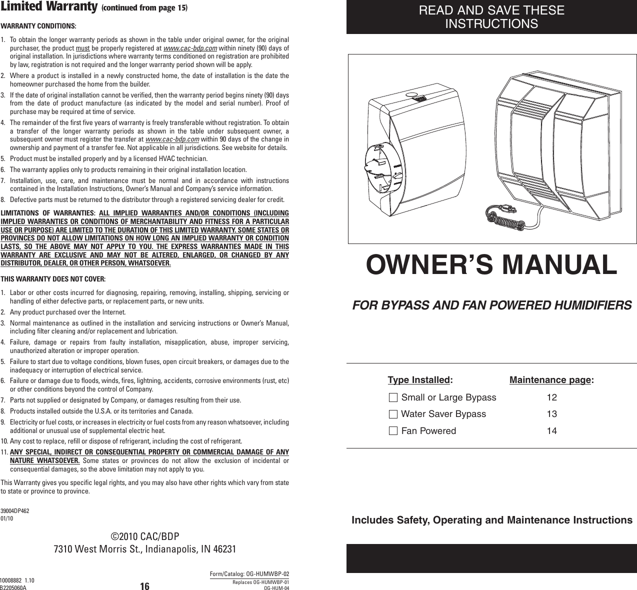 Page 1 of 8 - Carrier Carrier-Humcclbp-Owners-Manual- 10008101A Hum Owners  Carrier-humcclbp-owners-manual