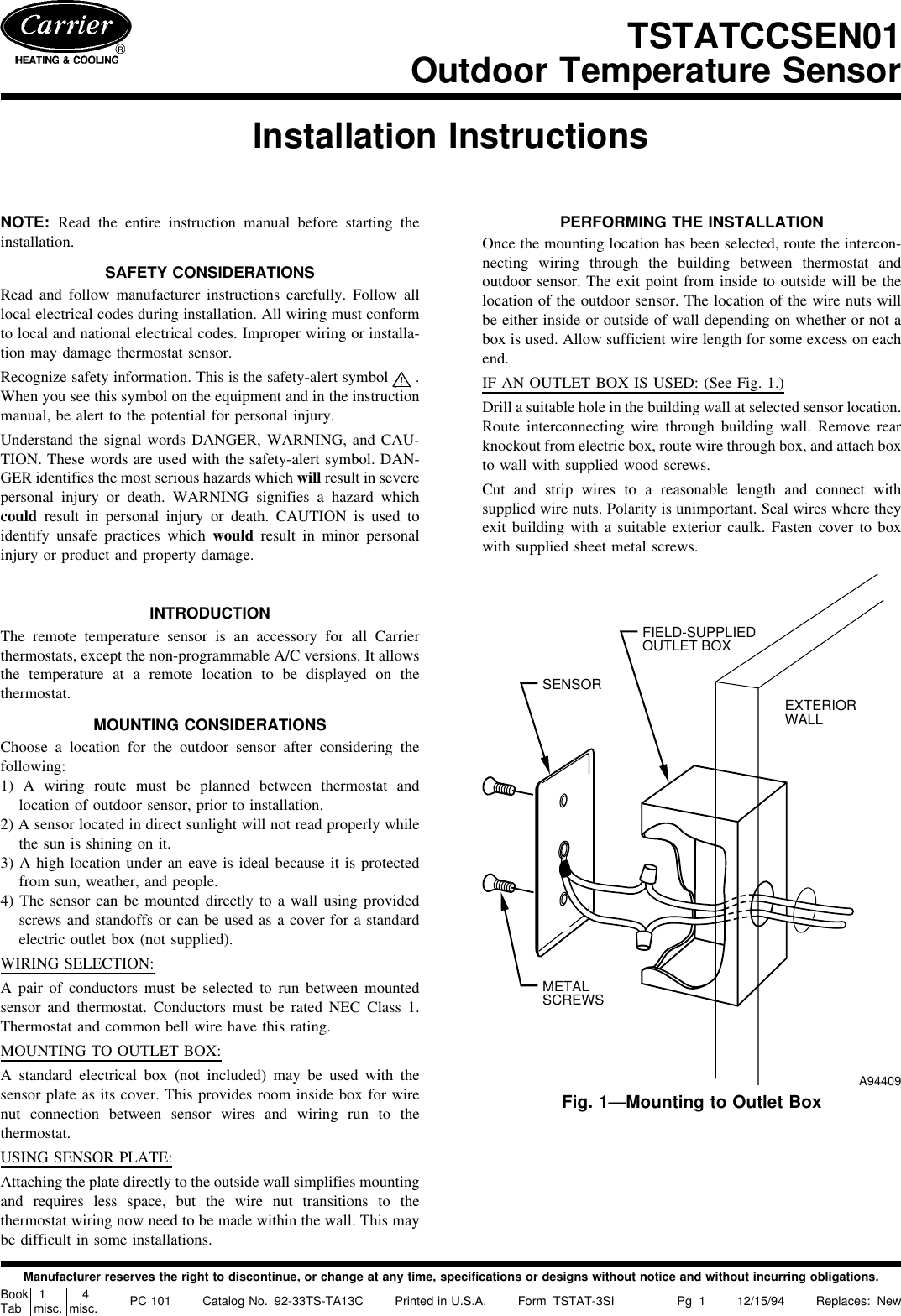 Page 1 of 2 - Carrier Carrier-Outdoor-Temperature-Sensor-Tstatccsen01-Users-Manual-  Carrier-outdoor-temperature-sensor-tstatccsen01-users-manual