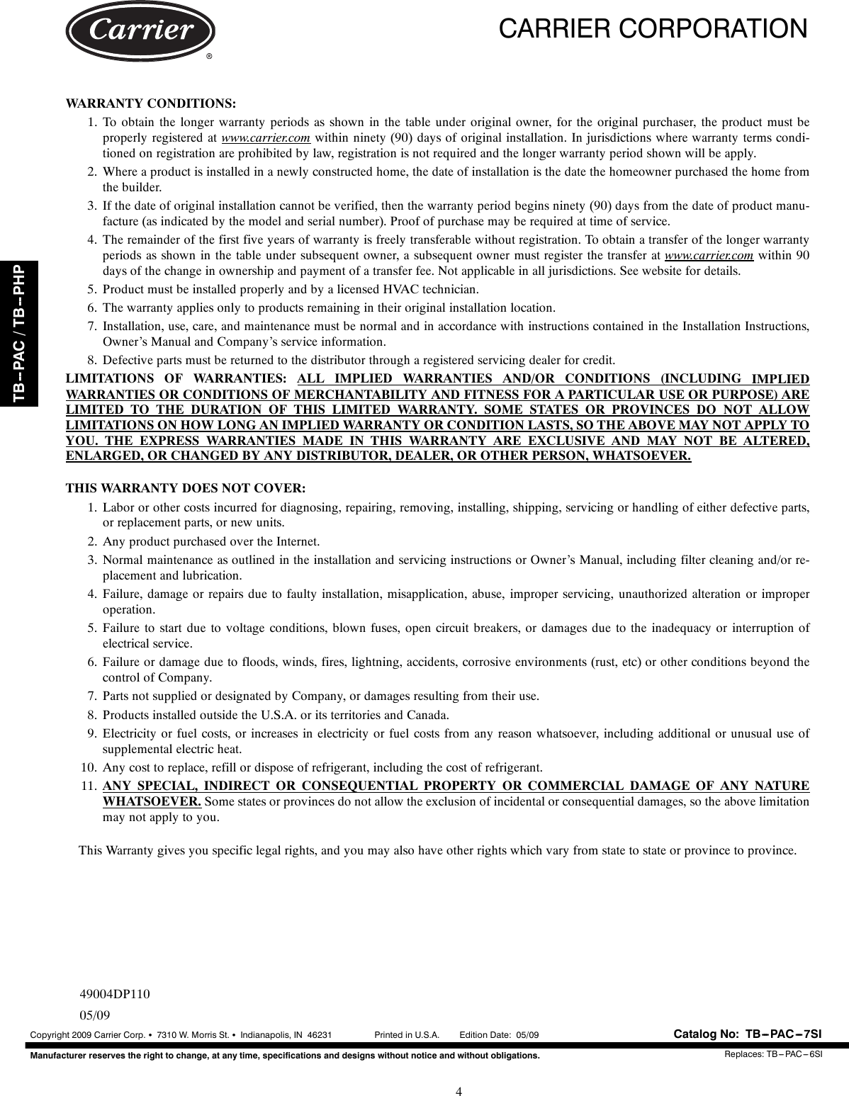 Page 8 of 8 - Carrier Carrier-Tb-Pac-Users-Manual- TB-PAC-7SI  Carrier-tb-pac-users-manual