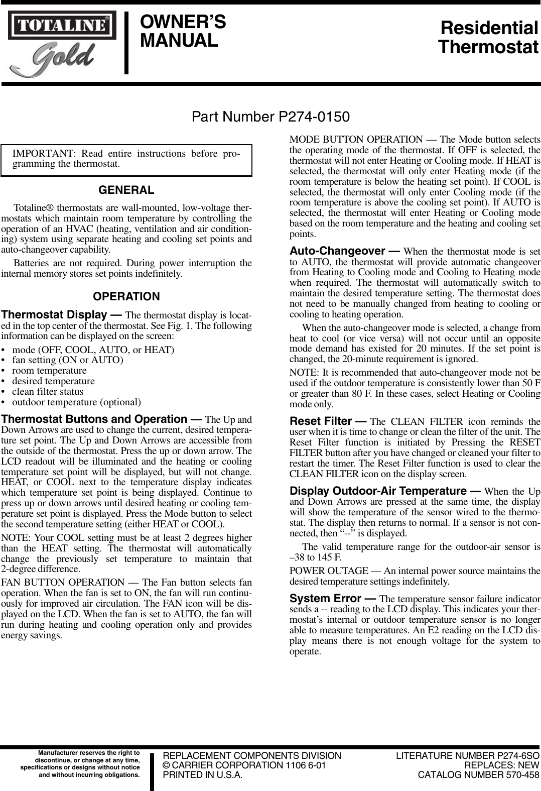 Page 1 of 4 - Carrier Carrier-Totaline-Gold-P274-0150-Users-Manual- P274-6so-reprint1106  Carrier-totaline-gold-p274-0150-users-manual