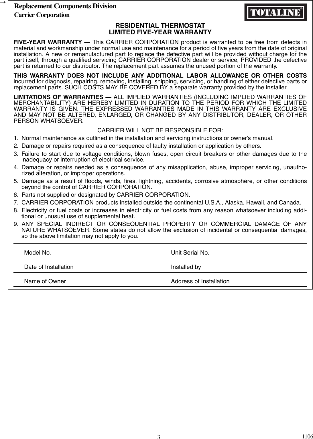 Page 3 of 4 - Carrier Carrier-Totaline-Gold-P274-0150-Users-Manual- P274-6so-reprint1106  Carrier-totaline-gold-p274-0150-users-manual