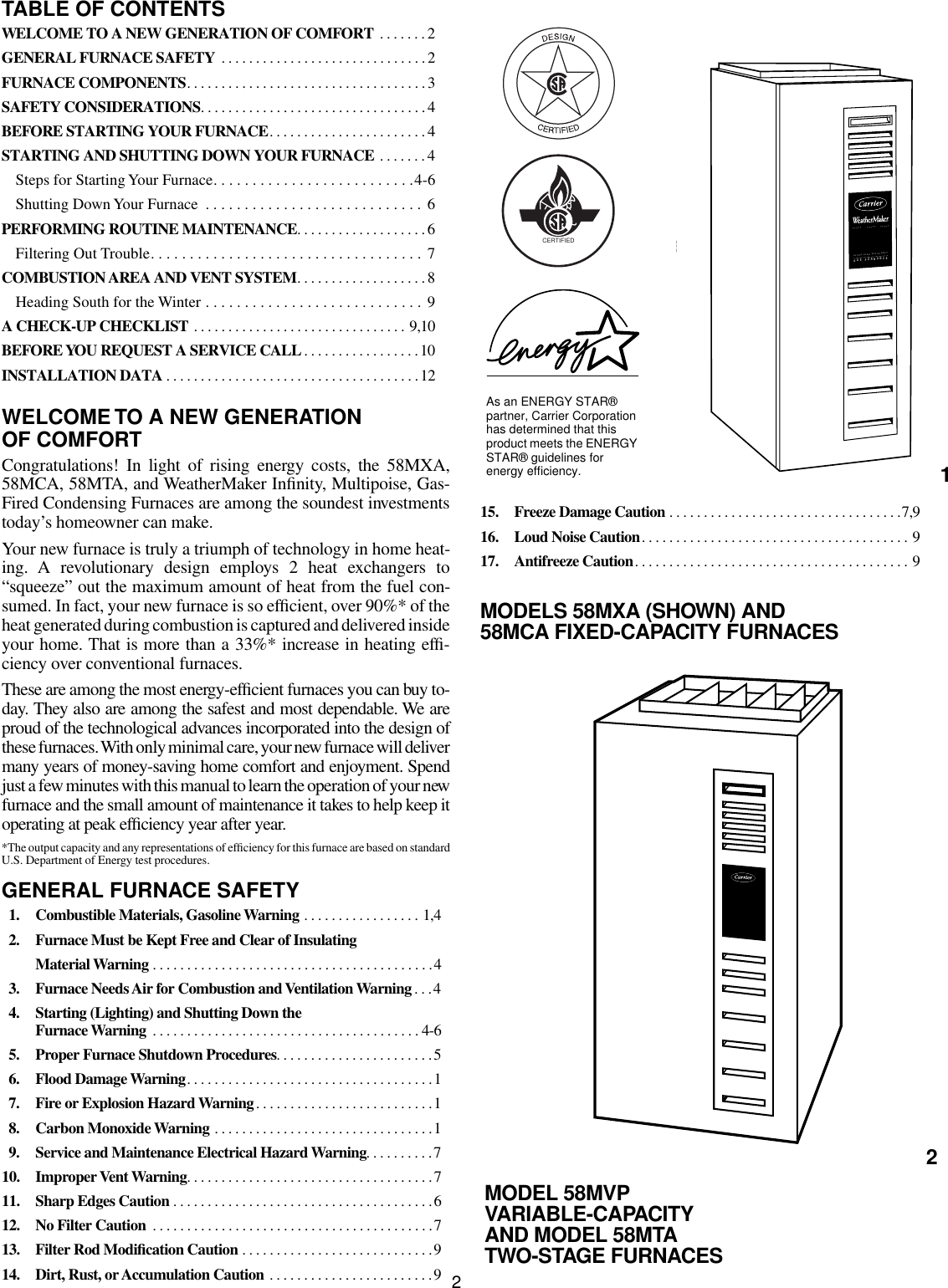 Page 2 of 12 - Carrier Carrier-Weathermaker-Infinity-58Mca-Users-Manual-  Carrier-weathermaker-infinity-58mca-users-manual