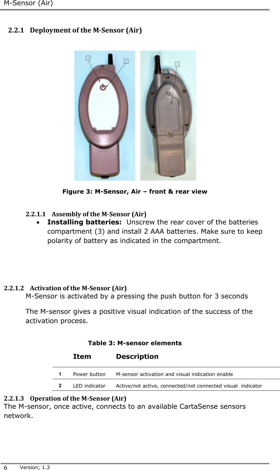  M-Sensor (Air)  6 Version; 1.3  2.2.1 Deployment of the M-Sensor (Air)    Figure 3: M-Sensor, Air &ndash; front &amp; rear view  2.2.1.1 Assembly of the M-Sensor (Air)   Installing batteries:  Unscrew the rear cover of the batteries compartment (3) and install 2 AAA batteries. Make sure to keep polarity of battery as indicated in the compartment.    2.2.1.2 Activation of the M-Sensor (Air)  M-Sensor is activated by a pressing the push button for 3 seconds The M-sensor gives a positive visual indication of the success of the activation process.    Table 3: M-sensor elements   Item Description 1 Power button M-sensor activation and visual indication enable  2 LED indicator Active/not active, connected/not connected visual  indicator  2.2.1.3 Operation of the M-Sensor (Air) The M-sensor, once active, connects to an available CartaSense sensors network.   