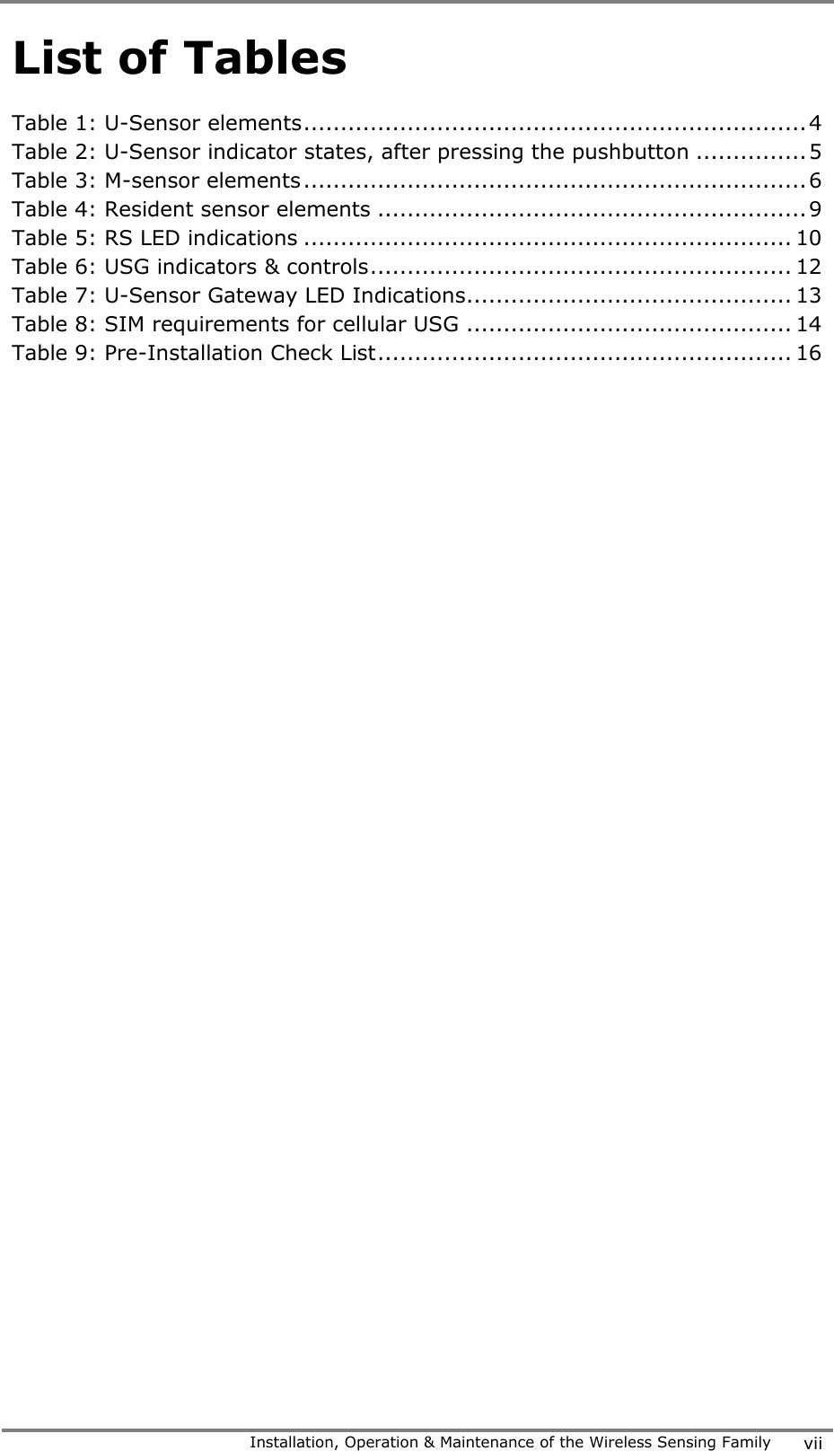    Installation, Operation &amp; Maintenance of the Wireless Sensing Family vii  List of Tables Table 1: U-Sensor elements .................................................................... 4 Table 2: U-Sensor indicator states, after pressing the pushbutton ............... 5 Table 3: M-sensor elements .................................................................... 6 Table 4: Resident sensor elements .......................................................... 9 Table 5: RS LED indications .................................................................. 10 Table 6: USG indicators &amp; controls ......................................................... 12 Table 7: U-Sensor Gateway LED Indications ............................................ 13 Table 8: SIM requirements for cellular USG ............................................ 14 Table 9: Pre-Installation Check List ........................................................ 16 