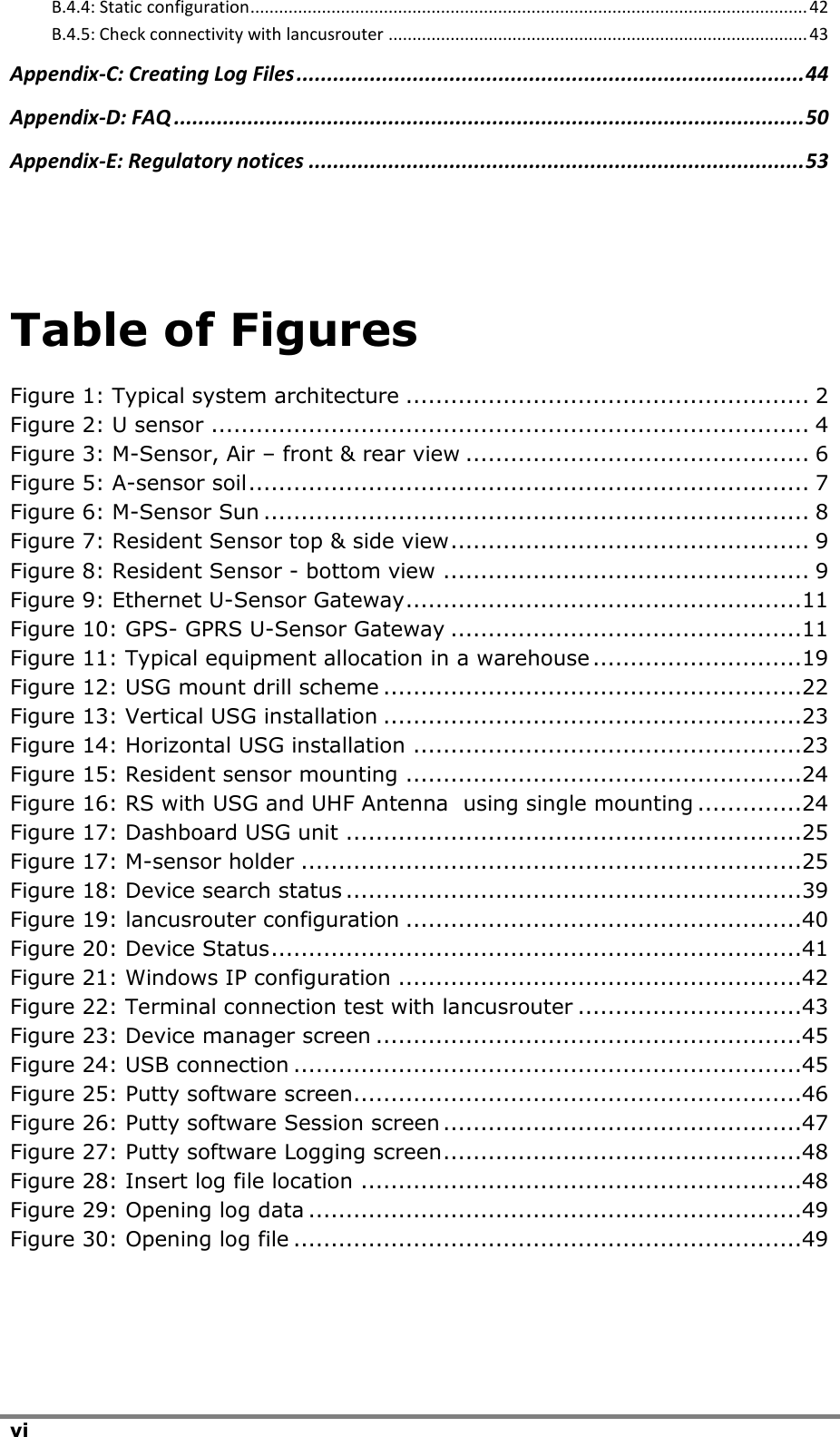 vi  B.4.4: Static configuration ..................................................................................................................... 42 B.4.5: Check connectivity with lancusrouter ........................................................................................ 43 Appendix-C: Creating Log Files ................................................................................... 44 Appendix-D: FAQ ....................................................................................................... 50 Appendix-E: Regulatory notices ................................................................................. 53   Table of Figures Figure 1: Typical system architecture ...................................................... 2 Figure 2: U sensor ................................................................................ 4 Figure 3: M-Sensor, Air &ndash; front &amp; rear view .............................................. 6 Figure 5: A-sensor soil ........................................................................... 7 Figure 6: M-Sensor Sun ......................................................................... 8 Figure 7: Resident Sensor top &amp; side view ................................................ 9 Figure 8: Resident Sensor - bottom view ................................................. 9 Figure 9: Ethernet U-Sensor Gateway .....................................................11 Figure 10: GPS- GPRS U-Sensor Gateway ...............................................11 Figure 11: Typical equipment allocation in a warehouse ............................19 Figure 12: USG mount drill scheme ........................................................22 Figure 13: Vertical USG installation ........................................................23 Figure 14: Horizontal USG installation ....................................................23 Figure 15: Resident sensor mounting .....................................................24 Figure 16: RS with USG and UHF Antenna  using single mounting ..............24 Figure 17: Dashboard USG unit .............................................................25 Figure 17: M-sensor holder ...................................................................25 Figure 18: Device search status .............................................................39 Figure 19: lancusrouter configuration .....................................................40 Figure 20: Device Status .......................................................................41 Figure 21: Windows IP configuration ......................................................42 Figure 22: Terminal connection test with lancusrouter ..............................43 Figure 23: Device manager screen .........................................................45 Figure 24: USB connection ....................................................................45 Figure 25: Putty software screen ............................................................46 Figure 26: Putty software Session screen ................................................47 Figure 27: Putty software Logging screen ................................................48 Figure 28: Insert log file location ...........................................................48 Figure 29: Opening log data ..................................................................49 Figure 30: Opening log file ....................................................................49   
