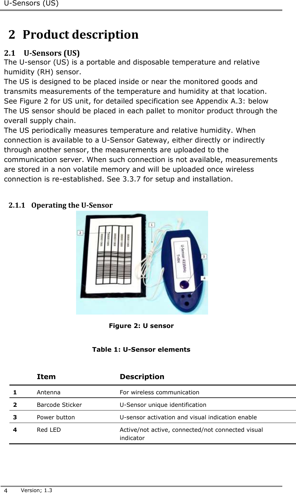  U-Sensors (US)  4 Version; 1.3  2  Product description 2.1 U-Sensors (US) The U-sensor (US) is a portable and disposable temperature and relative humidity (RH) sensor.  The US is designed to be placed inside or near the monitored goods and transmits measurements of the temperature and humidity at that location. See Figure 2 for US unit, for detailed specification see Appendix A.3: below The US sensor should be placed in each pallet to monitor product through the overall supply chain. The US periodically measures temperature and relative humidity. When connection is available to a U-Sensor Gateway, either directly or indirectly through another sensor, the measurements are uploaded to the communication server. When such connection is not available, measurements are stored in a non volatile memory and will be uploaded once wireless connection is re-established. See 3.3.7 for setup and installation.  2.1.1 Operating the U-Sensor  Figure 2: U sensor  Table 1: U-Sensor elements    Item Description 1 Antenna  For wireless communication 2 Barcode Sticker U-Sensor unique identification  3 Power button U-sensor activation and visual indication enable  4 Red LED Active/not active, connected/not connected visual  indicator    