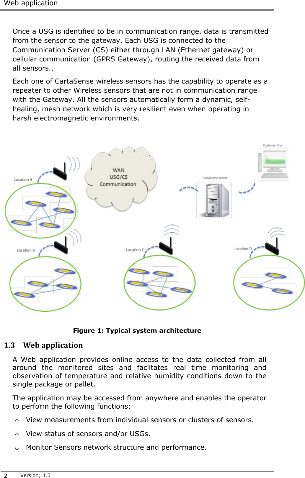  Web application  2 Version; 1.3  Once a USG is identified to be in communication range, data is transmitted from the sensor to the gateway. Each USG is connected to the Communication Server (CS) either through LAN (Ethernet gateway) or cellular communication (GPRS Gateway), routing the received data from all sensors..   Each one of CartaSense wireless sensors has the capability to operate as a repeater to other Wireless sensors that are not in communication range with the Gateway. All the sensors automatically form a dynamic, self-healing, mesh network which is very resilient even when operating in harsh electromagnetic environments.    Figure 1: Typical system architecture 1.3 Web application A  Web  application  provides  online  access  to  the  data  collected  from  all around  the  monitored  sites  and  faciltates  real  time  monitoring  and observation of temperature and relative humidity conditions down to the single package or pallet.  The application may be accessed from anywhere and enables the operator to perform the following functions: o View measurements from individual sensors or clusters of sensors. o View status of sensors and/or USGs. o Monitor Sensors network structure and performance. 
