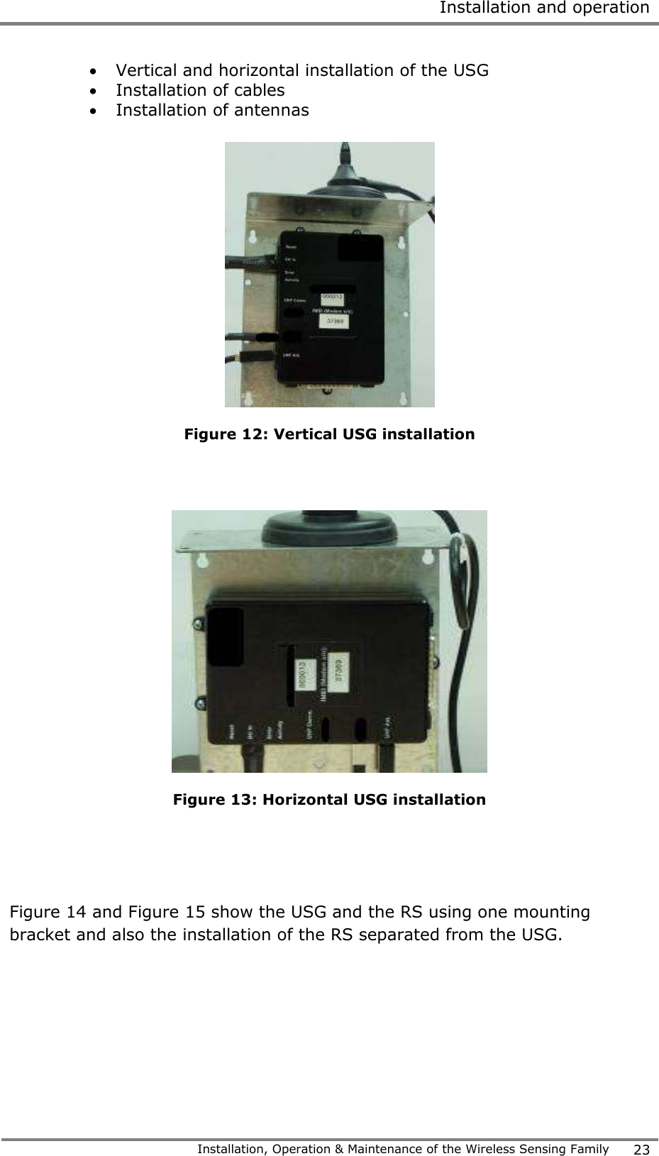  Installation and operation   Installation, Operation &amp; Maintenance of the Wireless Sensing Family 23   Vertical and horizontal installation of the USG   Installation of cables   Installation of antennas   Figure 12: Vertical USG installation     Figure 13: Horizontal USG installation    Figure 14 and Figure 15 show the USG and the RS using one mounting bracket and also the installation of the RS separated from the USG.     
