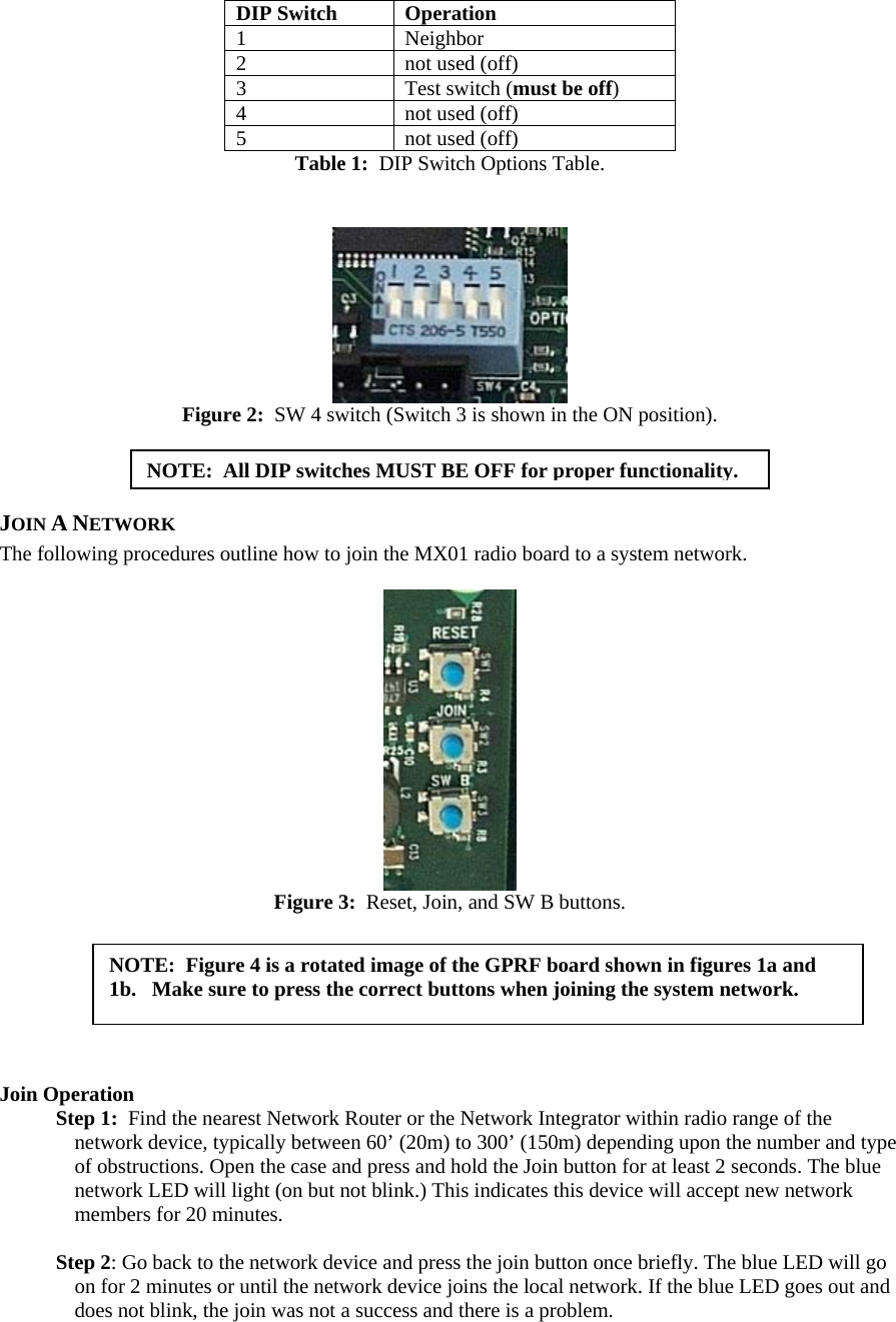 DIP Switch  Operation 1 Neighbor 2  not used (off) 3  Test switch (must be off) 4  not used (off) 5  not used (off) Table 1:  DIP Switch Options Table.    Figure 2:  SW 4 switch (Switch 3 is shown in the ON position).  NOTE:  All DIP switches MUST BE OFF for proper functionality.   JOIN A NETWORK The following procedures outline how to join the MX01 radio board to a system network.     Figure 3:  Reset, Join, and SW B buttons.   NOTE:  Figure 4 is a rotated image of the GPRF board shown in figures 1a and 1b.   Make sure to press the correct buttons when joining the system network.      Join Operation Step 1:  Find the nearest Network Router or the Network Integrator within radio range of the network device, typically between 60’ (20m) to 300’ (150m) depending upon the number and type of obstructions. Open the case and press and hold the Join button for at least 2 seconds. The blue network LED will light (on but not blink.) This indicates this device will accept new network members for 20 minutes.  Step 2: Go back to the network device and press the join button once briefly. The blue LED will go on for 2 minutes or until the network device joins the local network. If the blue LED goes out and does not blink, the join was not a success and there is a problem.  