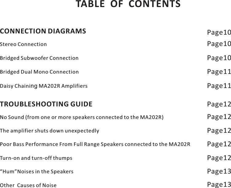 TABLE OF CONTENTSTROUBLESHOOTING GUIDE Page12No Sound (from one or more speakers connected to the MA202R) Page12The amplifier shuts down unexpectedly Page12Poor Bass Performance From Full Range Speakers connected to the MA202R Page12Turn-on and turn-off thumps Page12“Hum”Noises in the Speakers Page13Other  Causes of Noise Page13CONNECTION DIAGRAMS Page10Stereo Connection Page10Bridged Dual Mono Connection Page11Daisy Chaining MA202R Amplifiers Page11Bridged Subwoofer Connection Page10