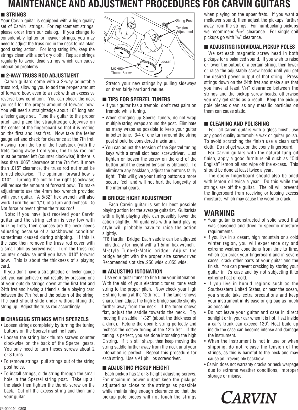 Page 1 of 1 - Carvin Carvin-Ac375-Owners-Manual Guitar Care Sheet-76-00004C