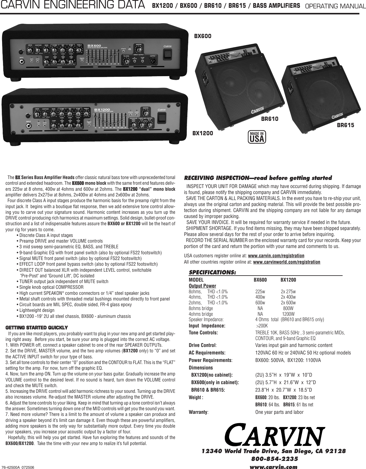 Page 1 of 4 - Carvin Carvin-Bx600-Owners-Manual BX600-BX1200-BR610-BR615