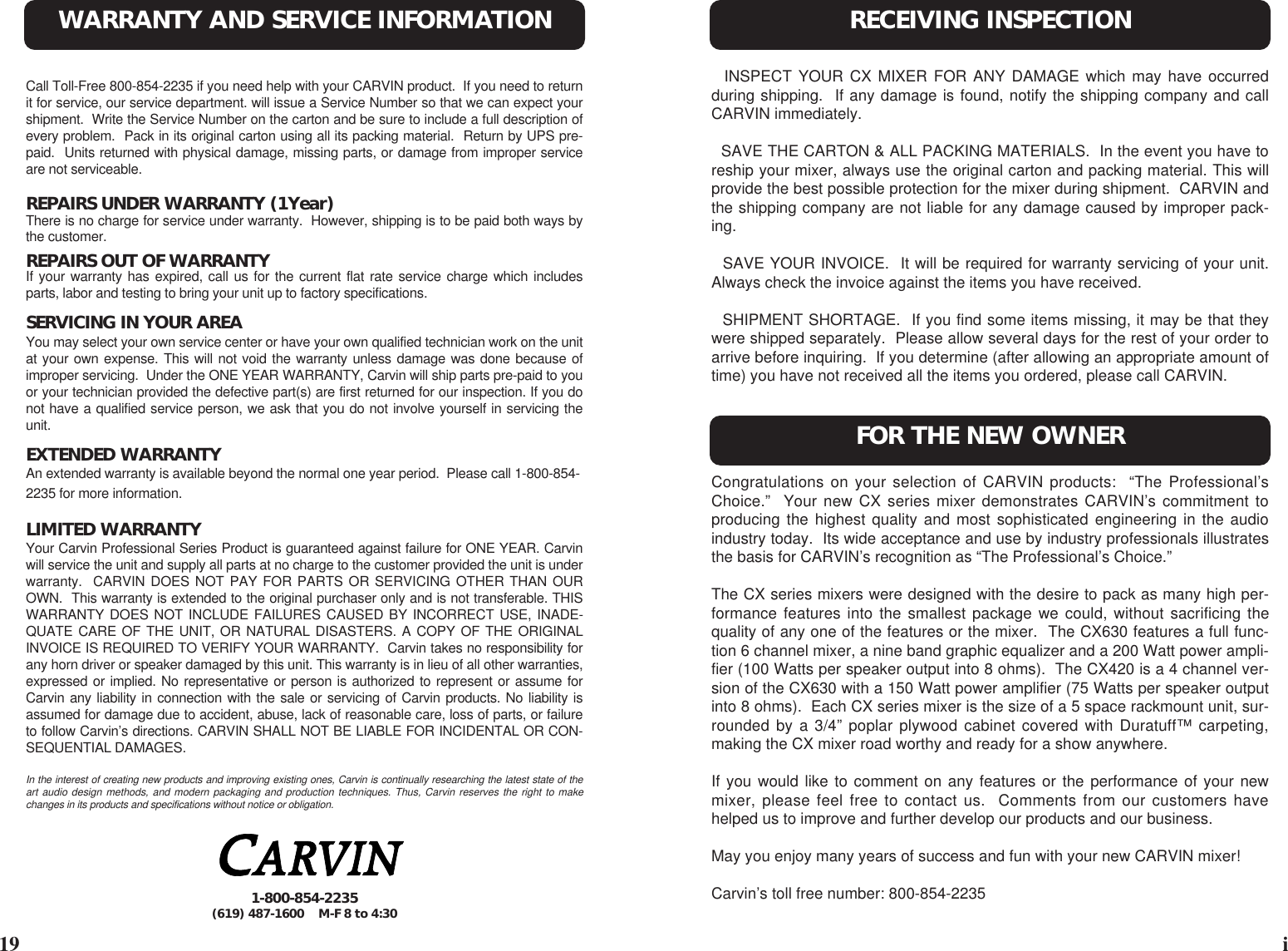 Page 2 of 12 - Carvin Carvin-Cx630-Owners-Manual CX4&6 Manual.6jun96