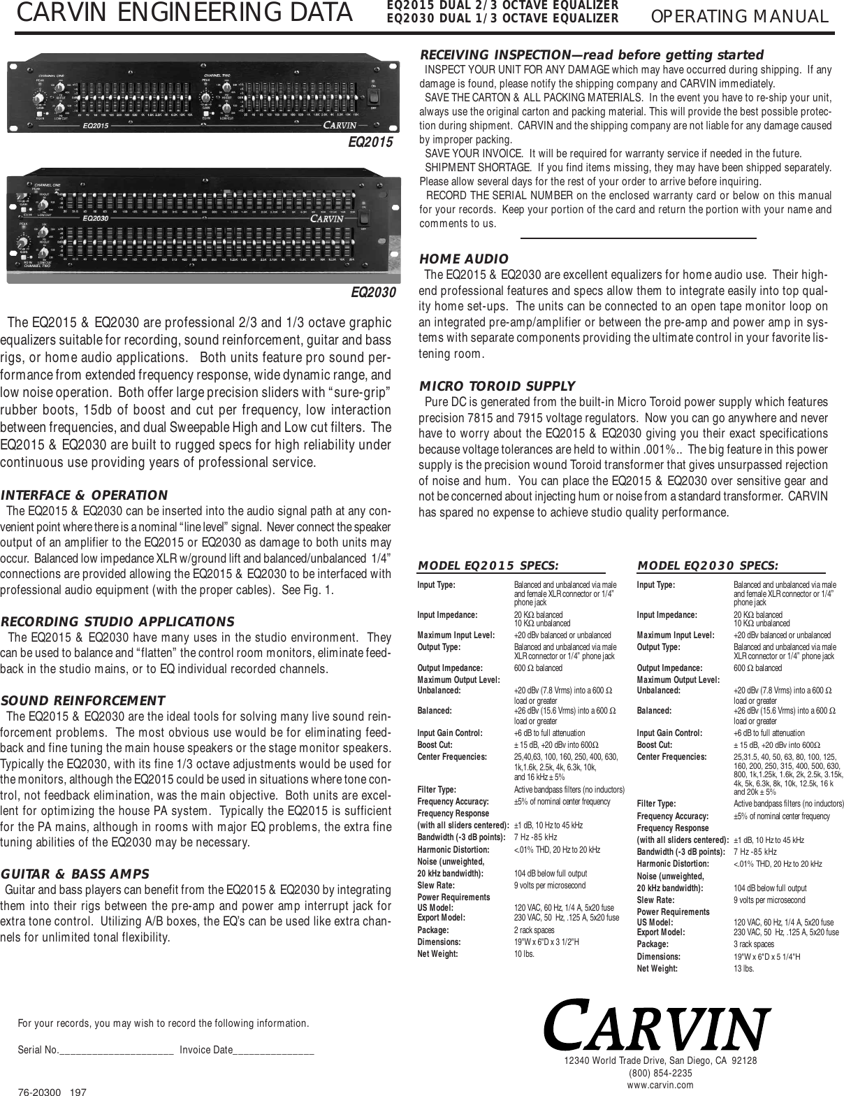 Page 1 of 6 - Carvin Carvin-Eq2030-Owners-Manual EQ2015 & 2030 Manual