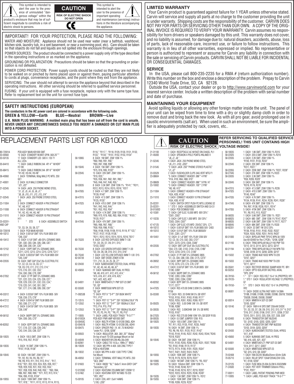 Page 4 of 4 - Carvin Carvin-Kb1010-Owners-Manual 76-72000A-KB1000.qx