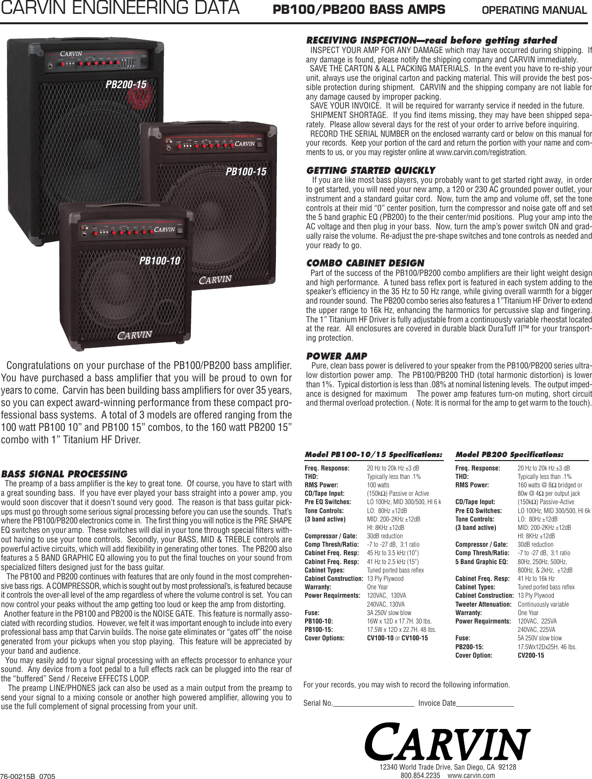 Page 1 of 4 - Carvin Carvin-Pb200-Owners-Manual PB100_200_07-05.QX