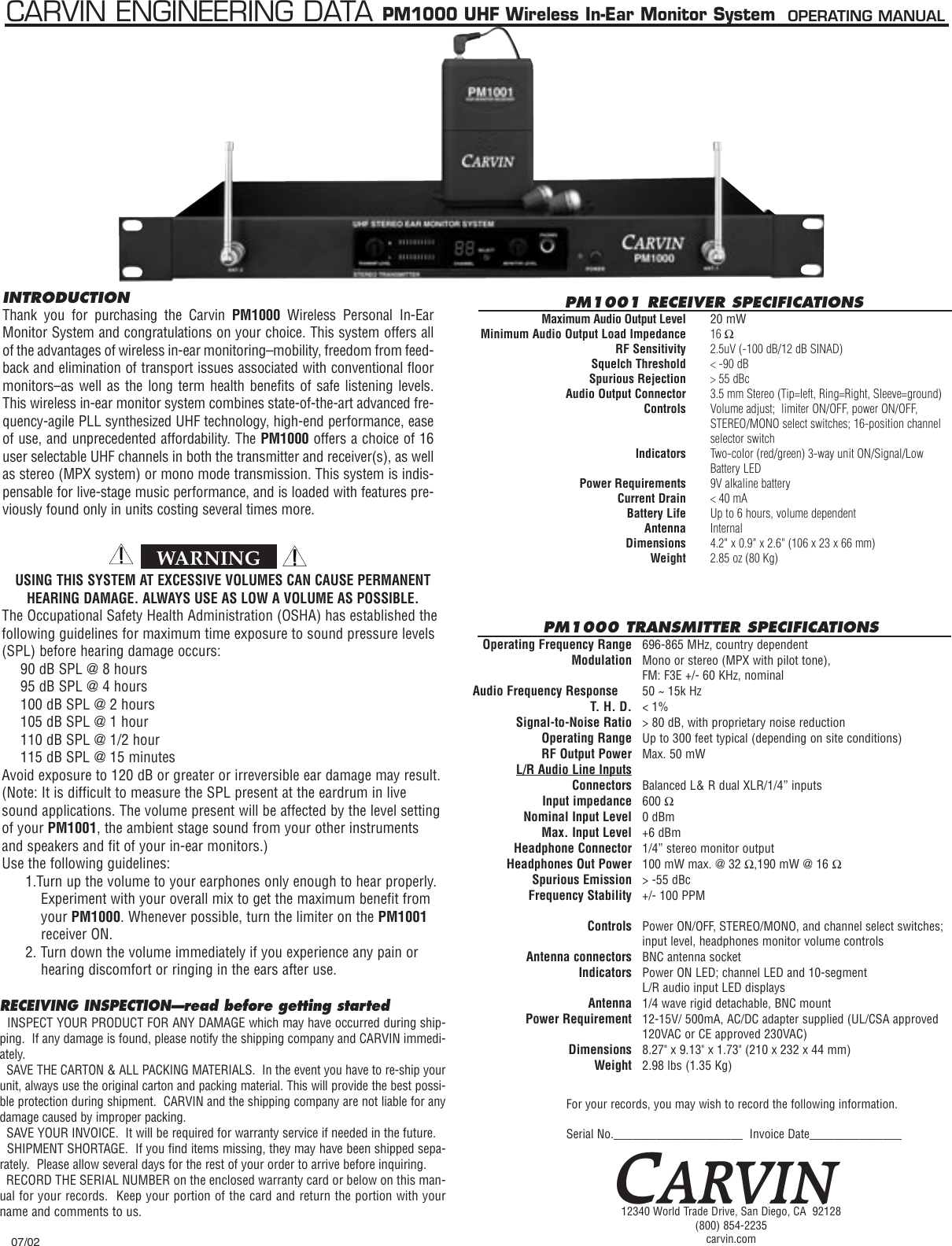 Page 1 of 4 - Carvin Carvin-Pm1000-Owners-Manual PM1000-Manual_2002.qx