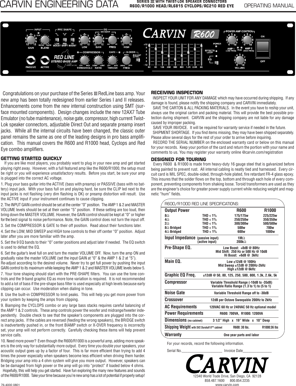 Page 1 of 4 - Carvin Carvin-R600-Series-Iii-Owners-Manual R600_R1000-08/01-web.qx