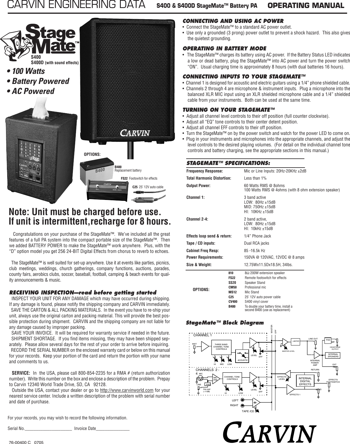 Page 1 of 4 - Carvin Carvin-S400D-Owners-Manual 76-04000C-S400