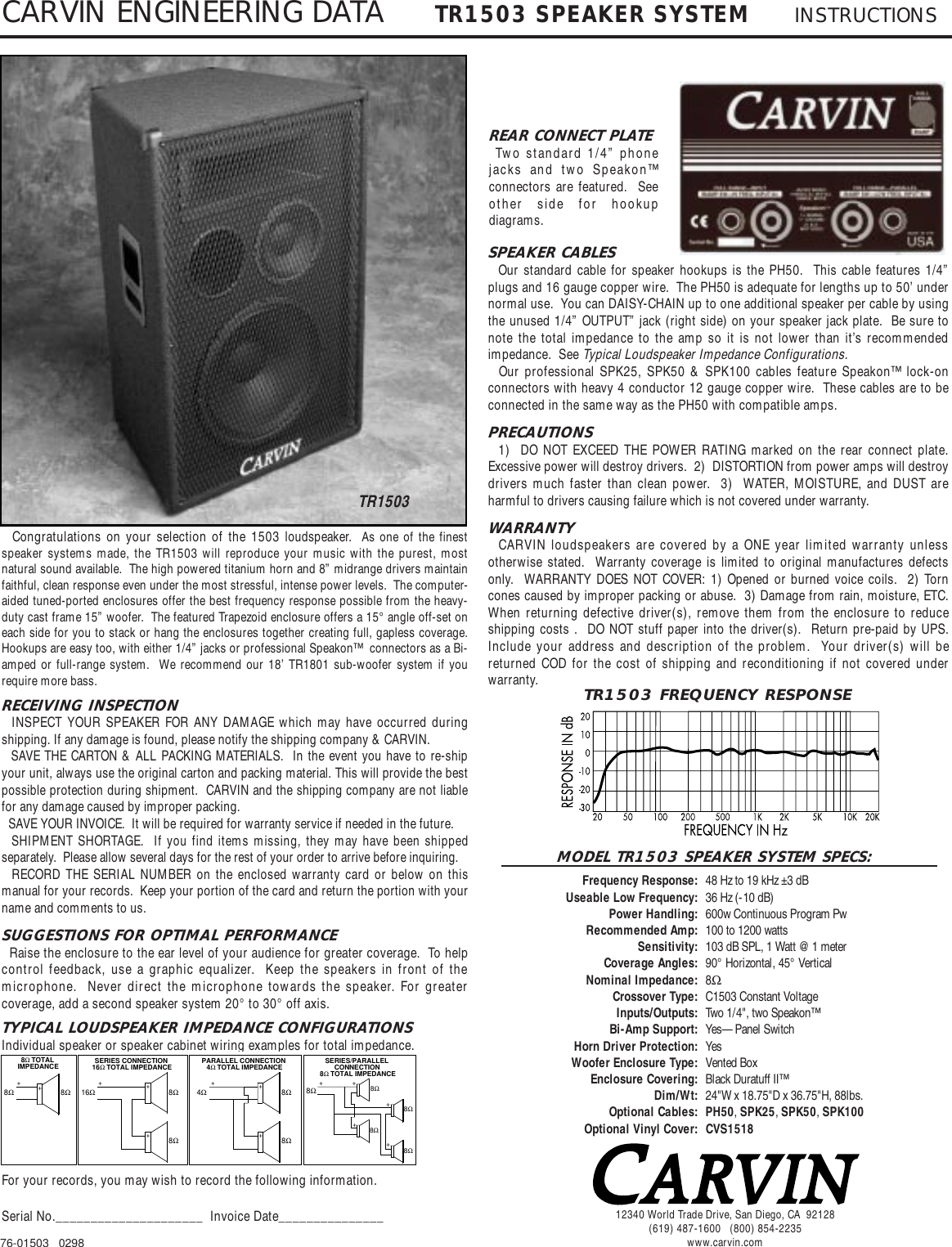 Page 1 of 2 - Carvin Carvin-Tr1503-Quick-Reference-Guide 1503 Data Sheet