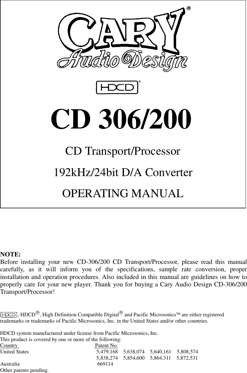 Page 1 of 12 - Cary-Audio-Design Cary-Audio-Design-Cd-200-Users-Manual- CD 306/200 Operating Manual  Cary-audio-design-cd-200-users-manual
